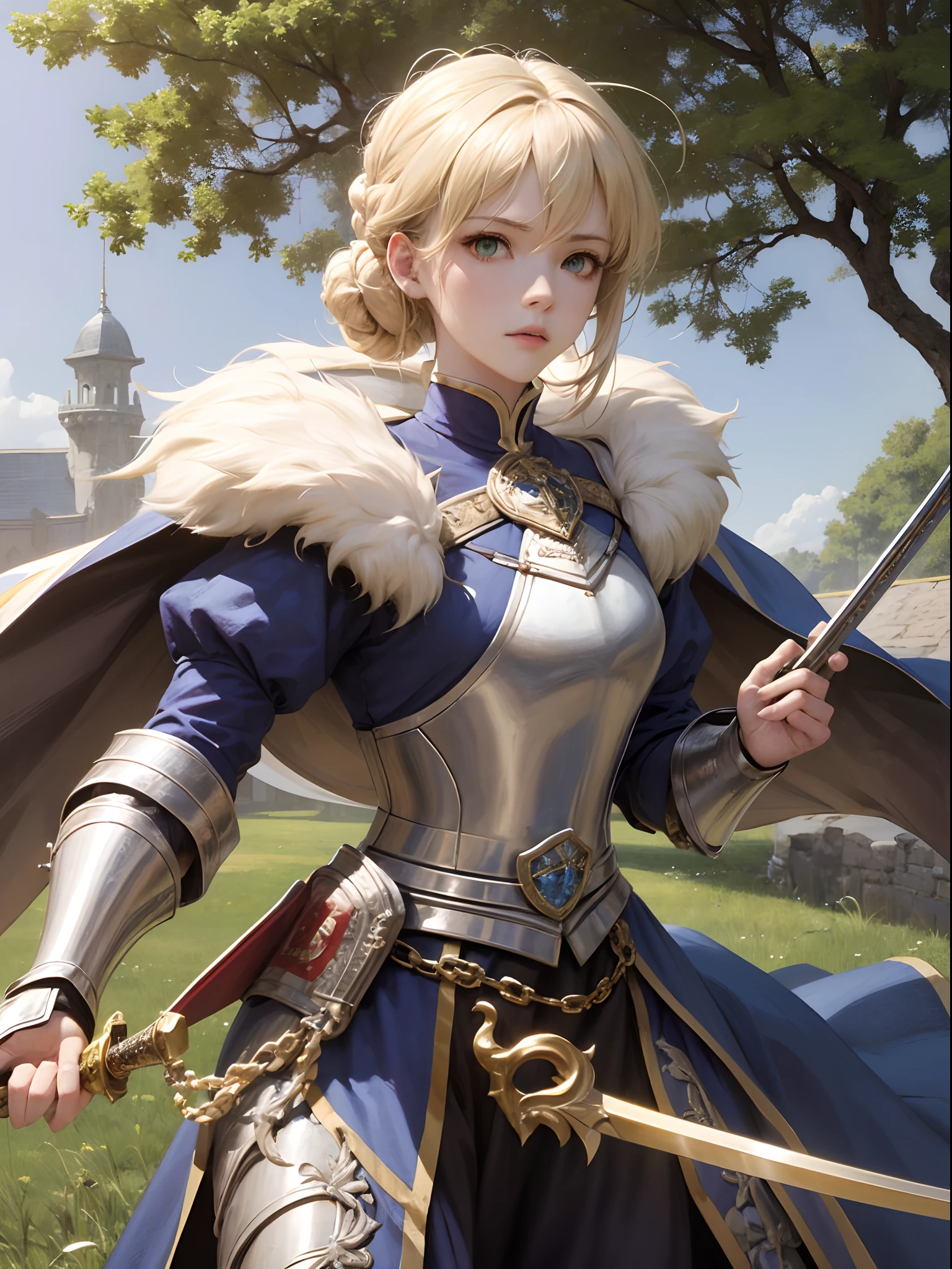 1girll,A face,Artoria,king arthur,King of Britain,FATE series,Knight King,medieval times,Majesty,((Bright blonde hair)),Stand on the grass,Golden sword,The sword is in the middle of the picture,Close-up of the sword,Plug it into the ground,Sword in both hands,ln the forest,Serious expression,Heavy sterling silver armor,Sterling silver leg armor,Sterling silver armour,Dark blue heavy cape,Fur edges,Huge dark blue round battle skirt,Gold lace,Coiled hair,Poor milk,Green eyes,Solitude,A half body,(超高分辨率),(Ultra-high sharpness),tmasterpiece,品质最佳 --auto