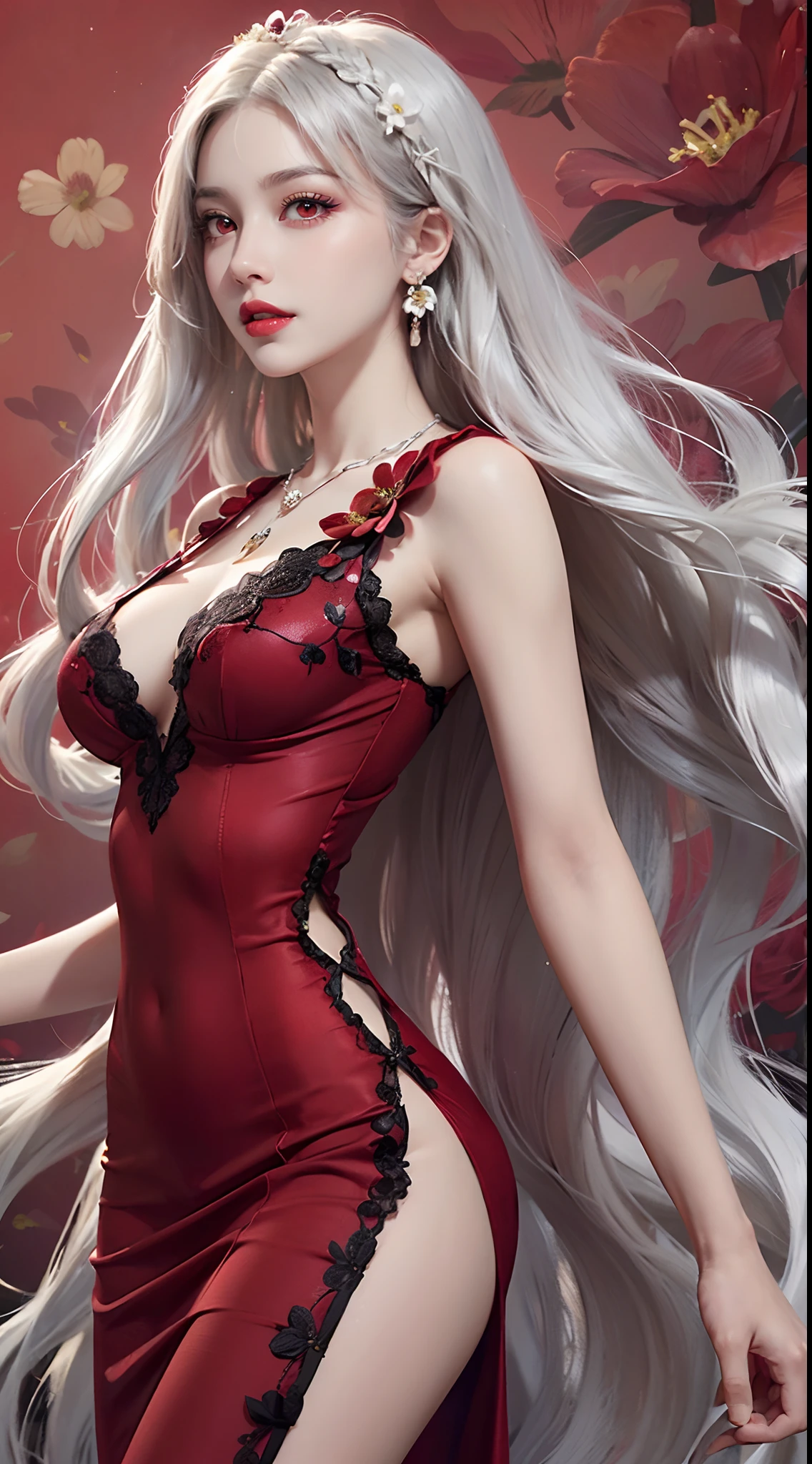 A beautiful and sexy 20 year old girl, ((wearing a super thin red dress:1.8)), diamond dress, ((long platinum hair:1.6)), bangs, elaborate jewelry made from gemstones beautiful sex and hair, ( ( wearing a black lace necklace:1.4))), aristocratic, noble style of an extremely beautiful girl, super cute little face, very pretty face, eyebrows thin, beautiful face, flawless, ((black eye pupils: 0.8))), very beautiful, ((light red eyes: 1.5)), beautiful makeup and hair, detailed eyelashes, makeup wet eyes, high nose, earrings, red lips, ((closed mouth: 1;5 )) beautiful lips, slim hands, most beautiful thighs, ((arms spread out to the sides: 1.5) ), rosy face , clean face, flawless beautiful face, smooth white skin, (big breasts: 1.5)), ((high breasts: 1.6) ), firm breasts, beautiful cleavage, (((big and super girth: 1.8))), ((super tight breasts: 1.7)) , beautiful breasts, ((arms spread wide: 1.5)), beautiful breasts, thin black mesh stockings with black lace trim, perfect body, 8k photo, super high quality, hyper realistic, super 10x pixel, optical research, studio light, edge light, two tone light, (high detail skin: 1.2), super 8k, soft light, quality high quality, volumetric lighting, optical, optical high resolution, lighting, best photo, 4k, 8k quality, blur effect, smooth sharpness, 10 x pixels, ((flower background red:1.7)), aurora, lightning, ultra-realistic graphics, the most realistic drawing map, alone, solo, extremely sharp, surreal images, girl's upper body, (((portrait direct: 1.6)))."
