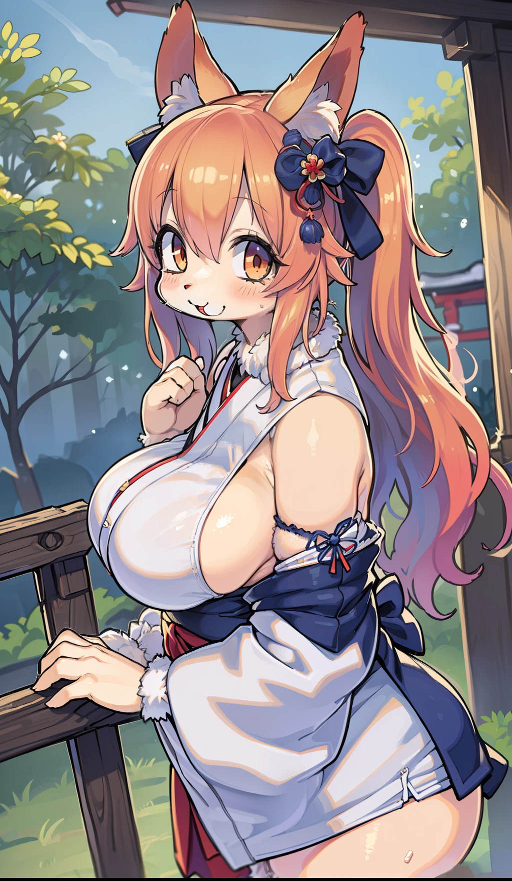 Fox woman、The body is covered with fur、huge-breasted、kawaii、shrine maiden、Japan white garments,red hakama、Torii gate,summer day、From the top、down view、Wide shot、very wide wide shot、A big smile、whm、thick thight、big assa、Ultramammy、Tamamo-mae