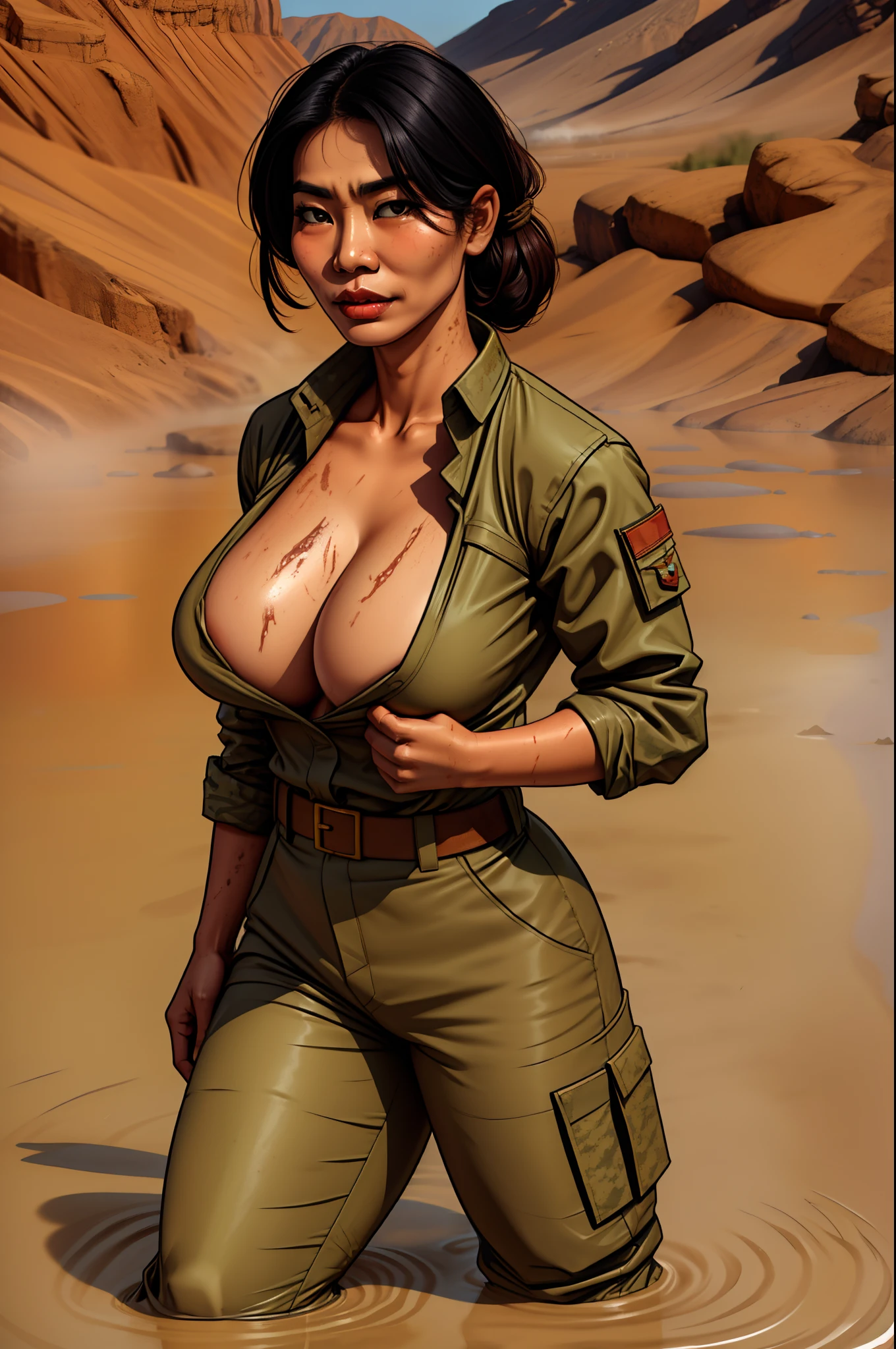 "A strong-willed Asian woman, clad in rugged military attire, stands resolutely amidst the muddy terrain." cleavage