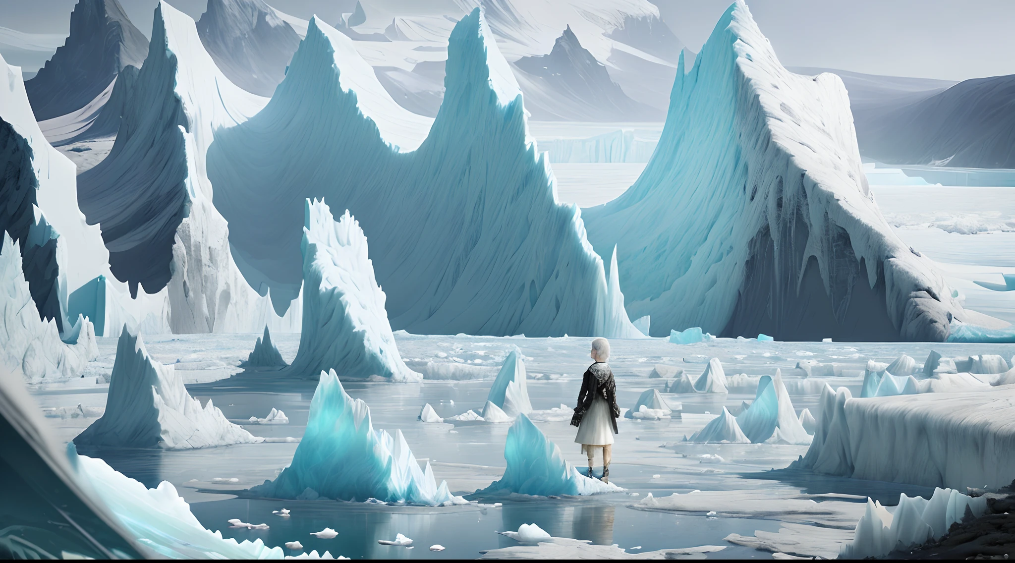white hair, blurry, splashing water, (intricate details), highly stylized impressionist painting, low contrast, buzz cut, (intricate), Greg Rutkowski, Scenery, river, sharp focus, (natural skin texture), grass hills, noir coloration, messy, capturing the stark contrast between a (collapsing iceberg:1.2) and a thriving,