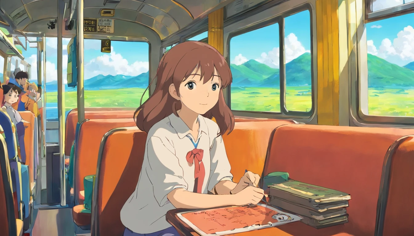 Girl at work sitting on a bus,By the window