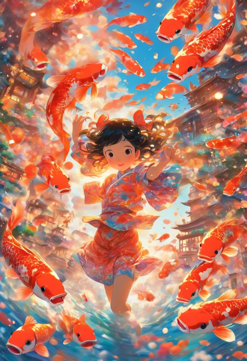 masterpiece, concept art, Picture a scene resonating with serenity and imagination. A young girl engrossed in a captivating novel, accompanied by a harmonious sky backdrop. Koi fishes dance gracefully around her, their vibrant colors popping against the serene sky. This exquisite artwork is a tribute to contemporary artist Yayoi Kusama, featuring intricate patterns and captivating play of color and light.