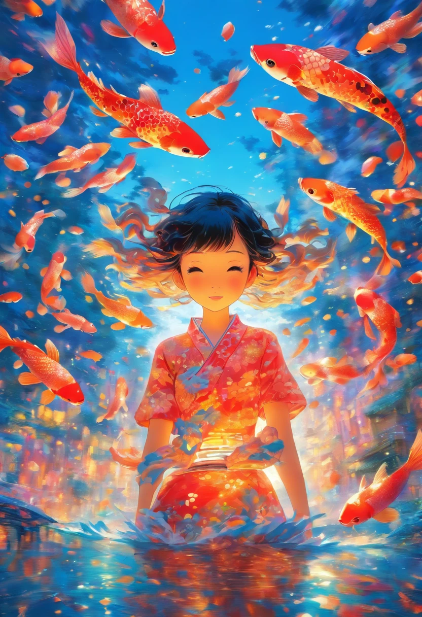 masterpiece, concept art, Picture a scene resonating with serenity and imagination. A young girl engrossed in a captivating novel, accompanied by a harmonious sky backdrop. Koi fishes dance gracefully around her, their vibrant colors popping against the serene sky. This exquisite artwork is a tribute to contemporary artist Yayoi Kusama, featuring intricate patterns and captivating play of color and light.