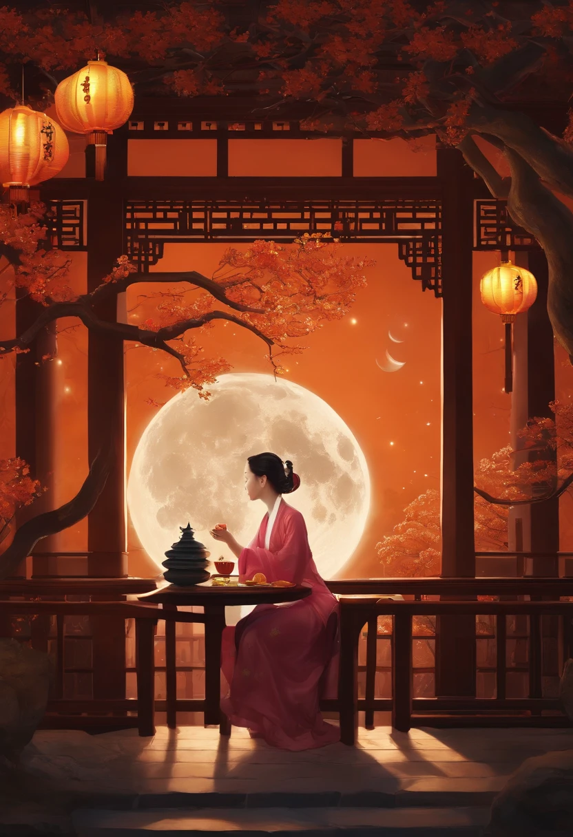 an osmanthus tree,Ancient architecture,Moon,Chang'e,large moon,desks,Girl eating mooncake at table,