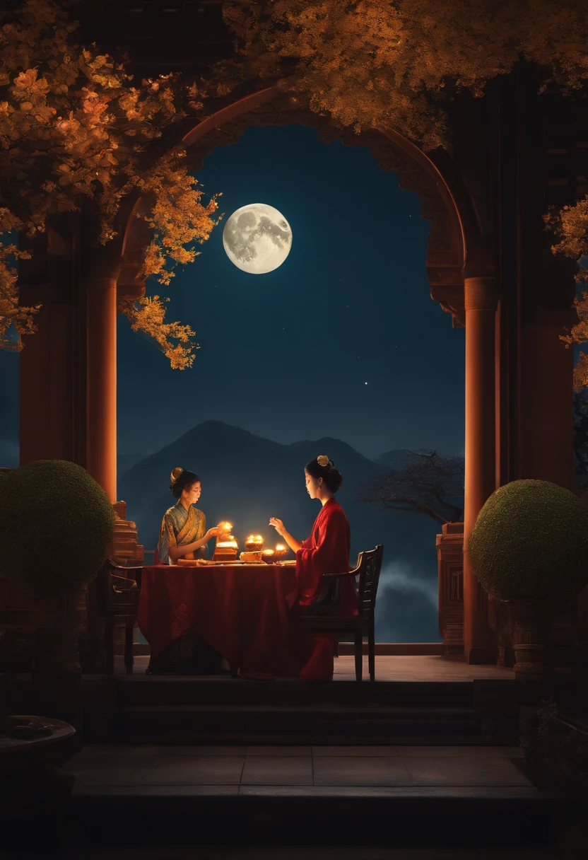 an osmanthus tree，Ancient architecture，Moon，Chang'e，large moon，desks，Girl eating mooncake at table，