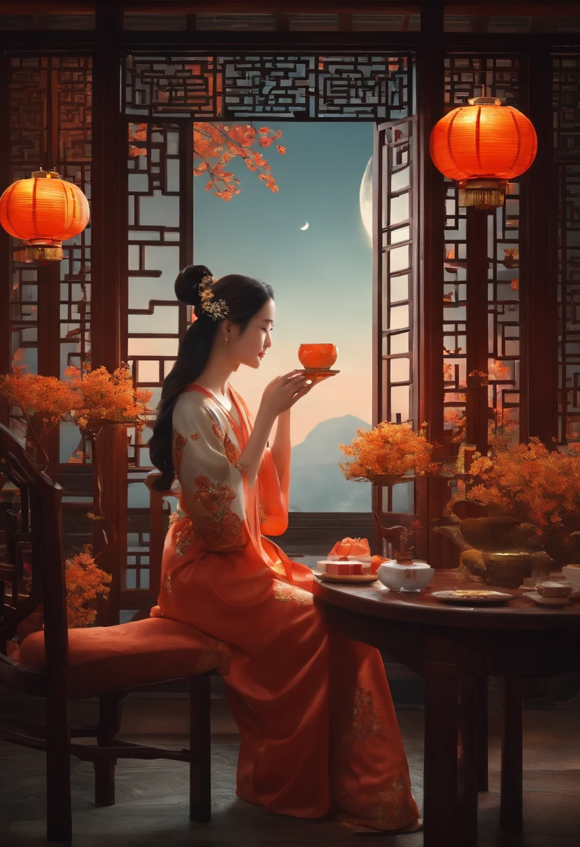 an osmanthus tree,Ancient architecture,Moon,Chang'e,large moon,desks,Girl eating mooncake at table,