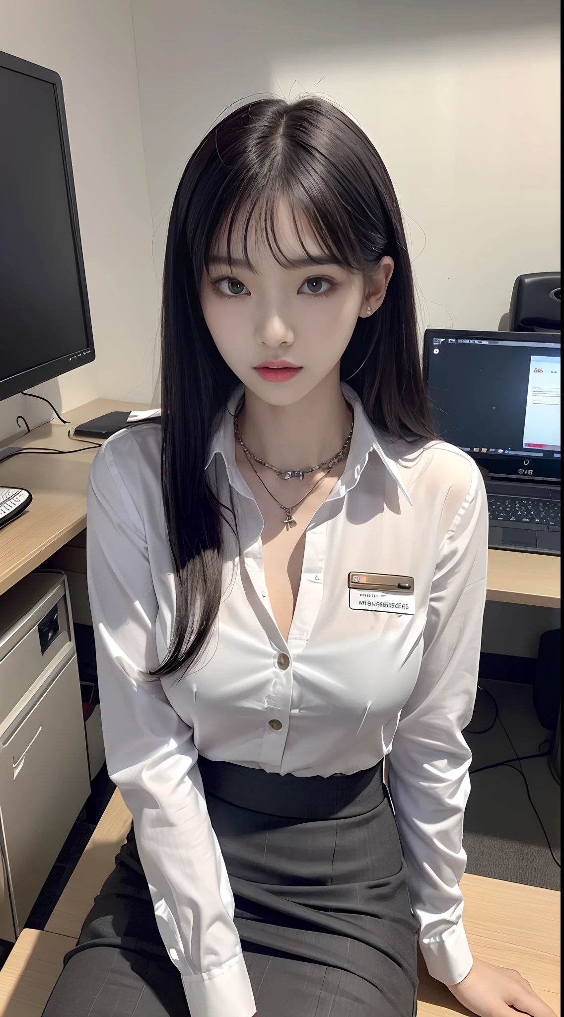 Photorealsitic、动态照明、art stations、poster for、Volumetric lighting、extra detailed face、4 k、Award-winning、、1girl in、Dark、deep-shadows、lowkey、large boob:1.4、OL、((Being in the company、Office Casual Setup、pencil skirts、personal computers、a desk、Button shirt with collar、ID Tags、Nameplate Necklace))、OL、Adults、length hair、long lashes、Beautie、Sit up、