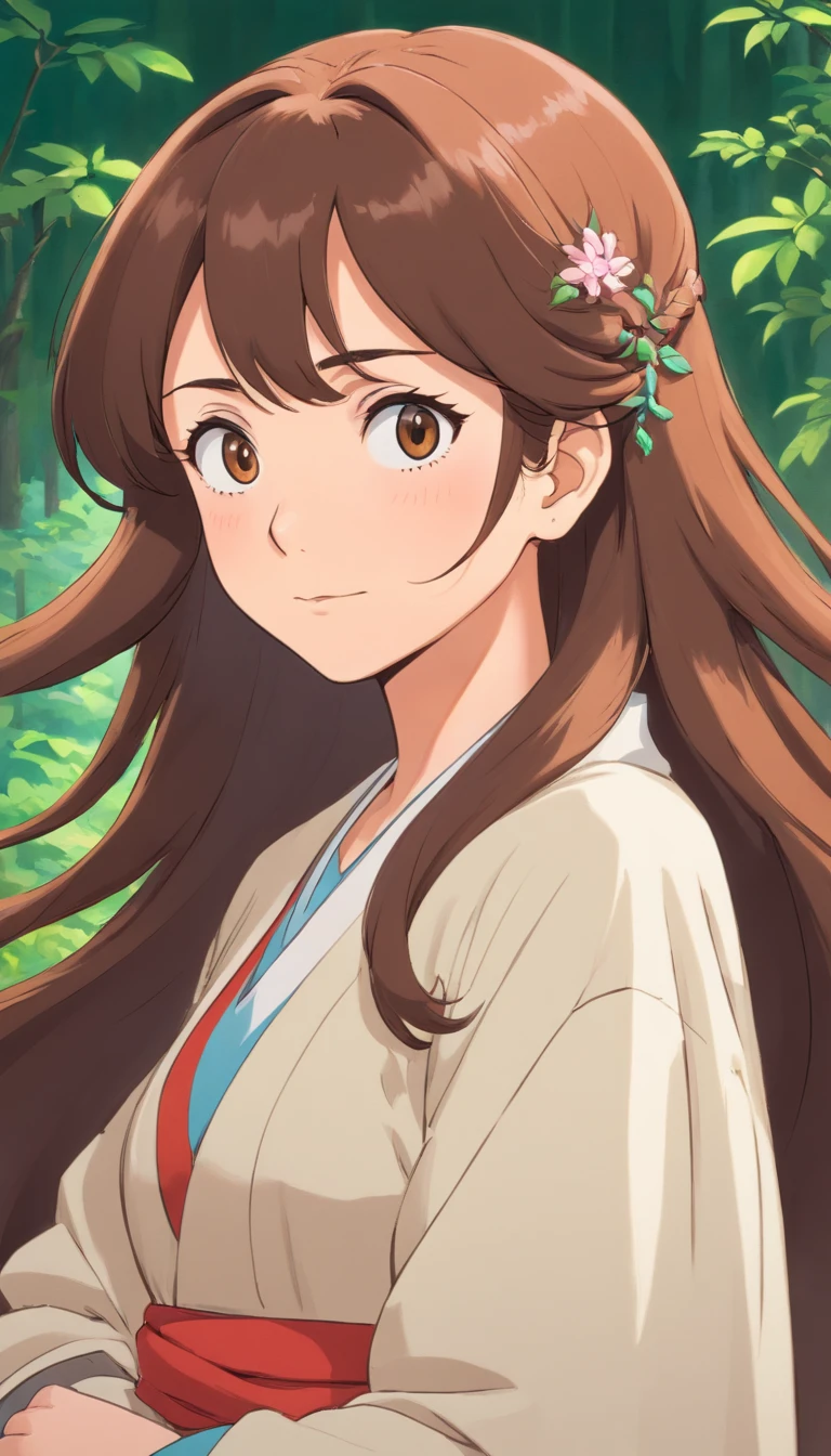 Middle age lady,brown long hair,strict face,aunt look,front view,age 45 years old.