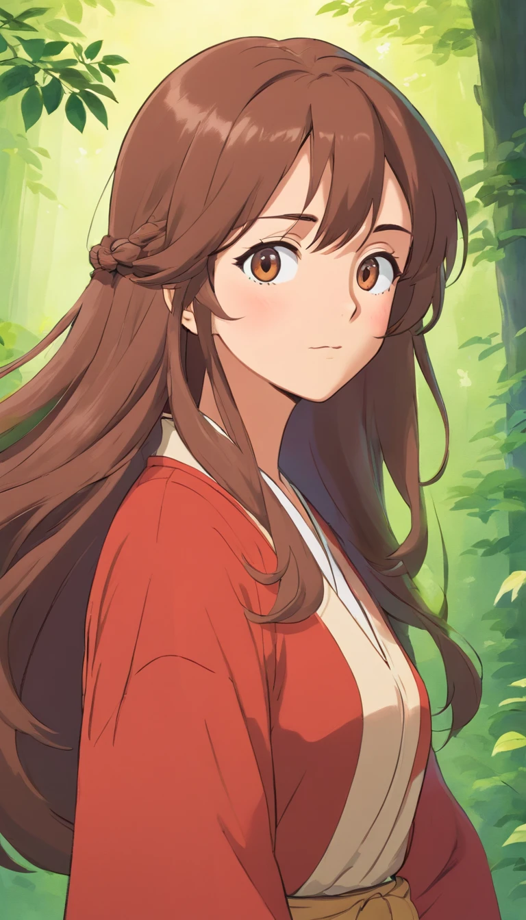 Middle age lady,brown long hair,strict face,aunt look,front view,age 45 years old.