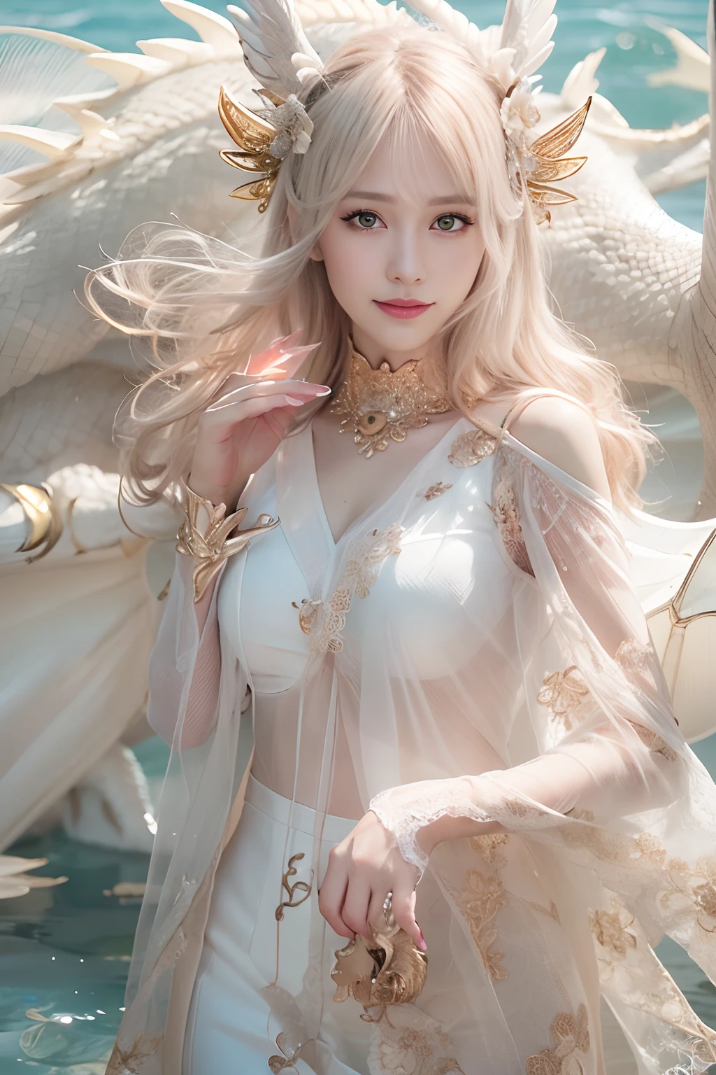 (heavy breasts)、top-quality、masterpiece、超A high resolution、(Silver Dragon Armor)、(((Colossal tits))),dragon armor、(((large floral ornament on the head))),(((Detailed Micro Bikini))),(Wearing a beautiful crown made of jewels),(Photorealsitic:1.4)、Raw photo、女の子1人、(((Random hair))、(((Take different poses)))、glowy skin、(((White Chinese Dragon)))、Intricate and ornate hair ornaments、(Gorgeous Jewelry Necklaces)、(Mystical expression)、(Full Body Angle)、(Fight big dragons)、(Metal bikini)、((beautiful lake background)),(beautiful forest background)、Precipitous cliffs、(Castle background)、((super realistic details))、portlate、globalillumination、(sexypose)、Shadow、octan render、8K、ultrasharp、Colossal tits、Raw skin is exposed in cleavage、metals、Details of complex ornaments、Japan details、highly intricate detail、Blue eyes、radiant eyes、Facing the camera、Toostock、(Full Body Angle)、(veils)、(((Heavy Big))),((she is wearing a beautiful jeweled bangle.)),