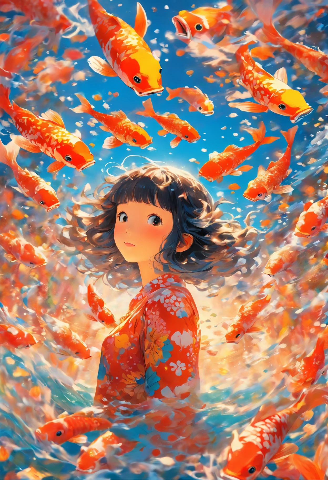 masterpiece, concept art, Picture a scene resonating with serenity and imagination. A young girl engrossed in a captivating novel, accompanied by a harmonious sky backdrop. Koi fishes dance gracefully around her, their vibrant colors popping against the serene sky. This exquisite artwork is a tribute to contemporary artist Yayoi Kusama, featuring intricate patterns and captivating play of color and light.