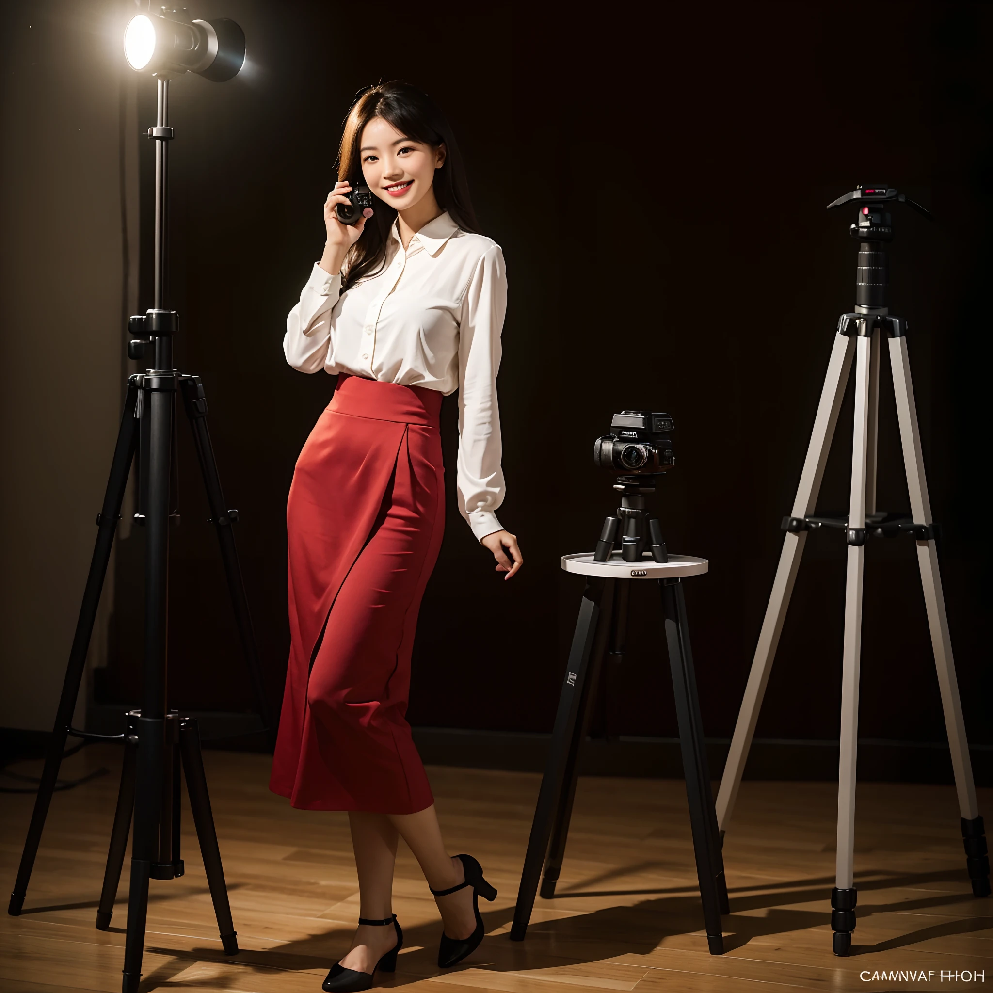arafed woman standing next to a tripod with a camera on it, while smiling for a photograph, mai anh tran, professional picture, gemma chen, full body photogenic shot, full body photgraph, journalist photo, smiling for the camera, nivanh chanthara, profesional photo, photo taken with canon 5d, headshot profile picture