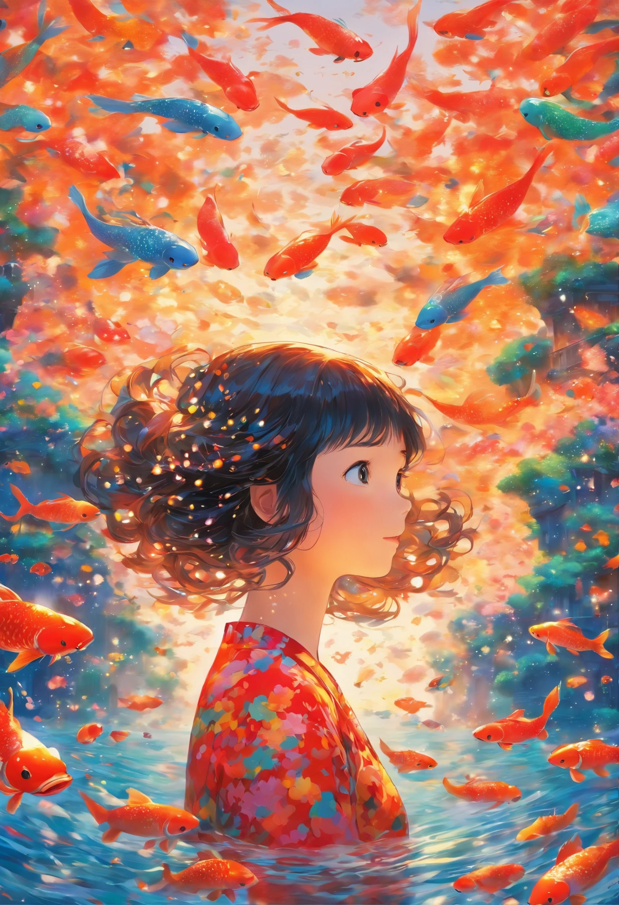 masterpiece, concept art, Picture a scene resonating with serenity and imagination. A young girl engrossed in a captivating novel, accompanied by a harmonious sky backdrop. Koi fishes dance gracefully around her, their vibrant colors popping against the serene sky. This exquisite artwork is a tribute to contemporary artist Yayoi Kusama, featuring intricate patterns and captivating play of color and light.