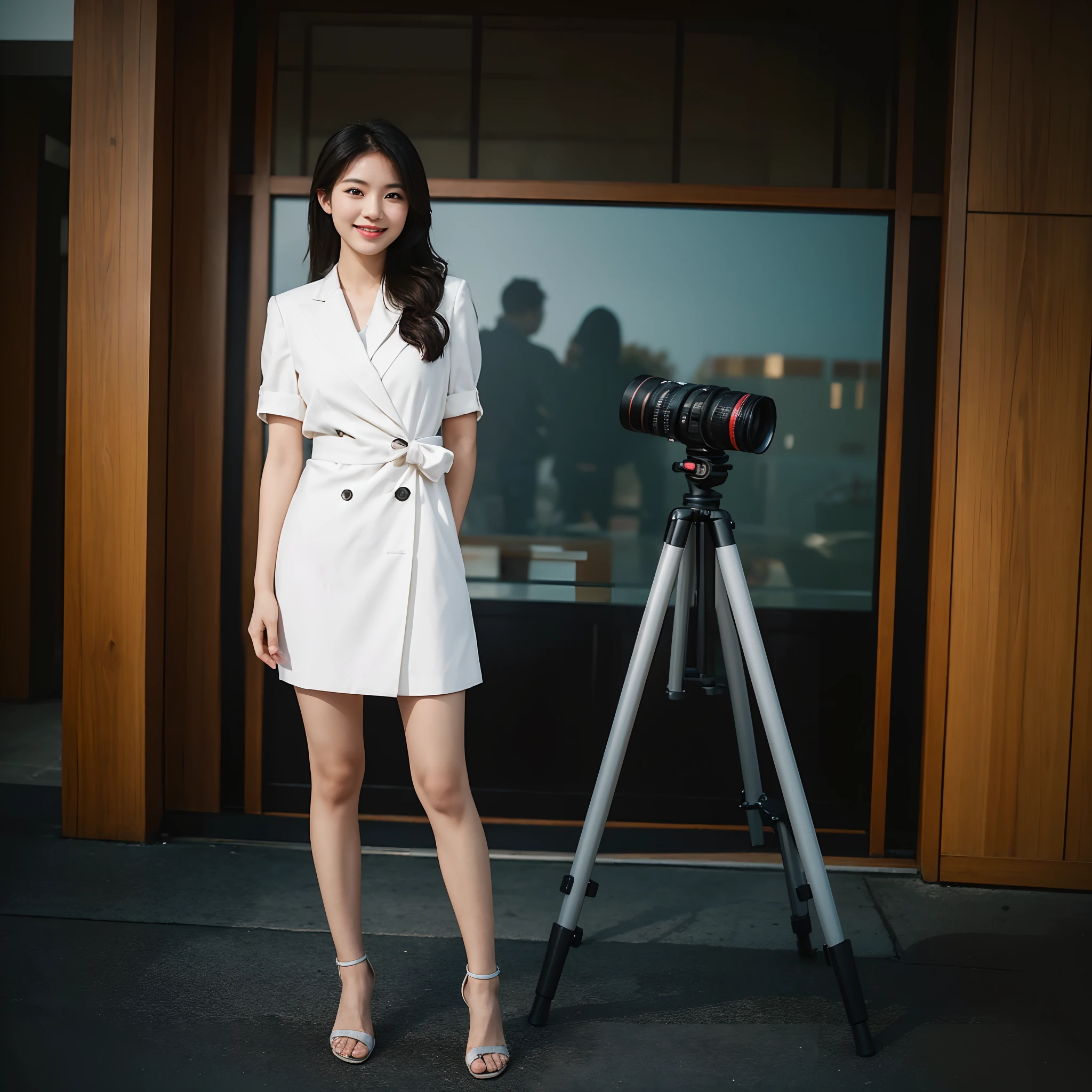 arafed woman standing next to a tripod with a camera on it, while smiling for a photograph, mai anh tran, professional picture, gemma chen, full body photogenic shot, full body photgraph, journalist photo, smiling for the camera, nivanh chanthara, profesional photo, photo taken with canon 5d, headshot profile picture