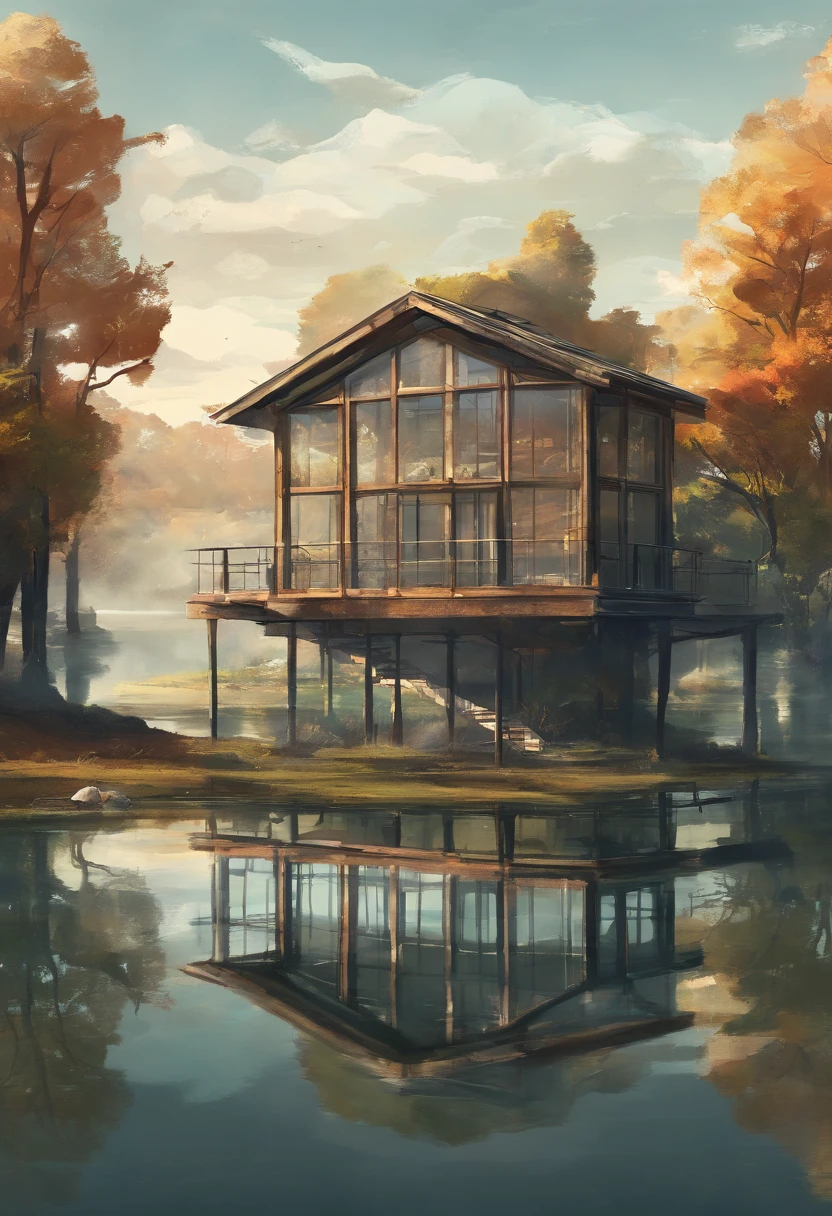 Square glass glass house on the lake