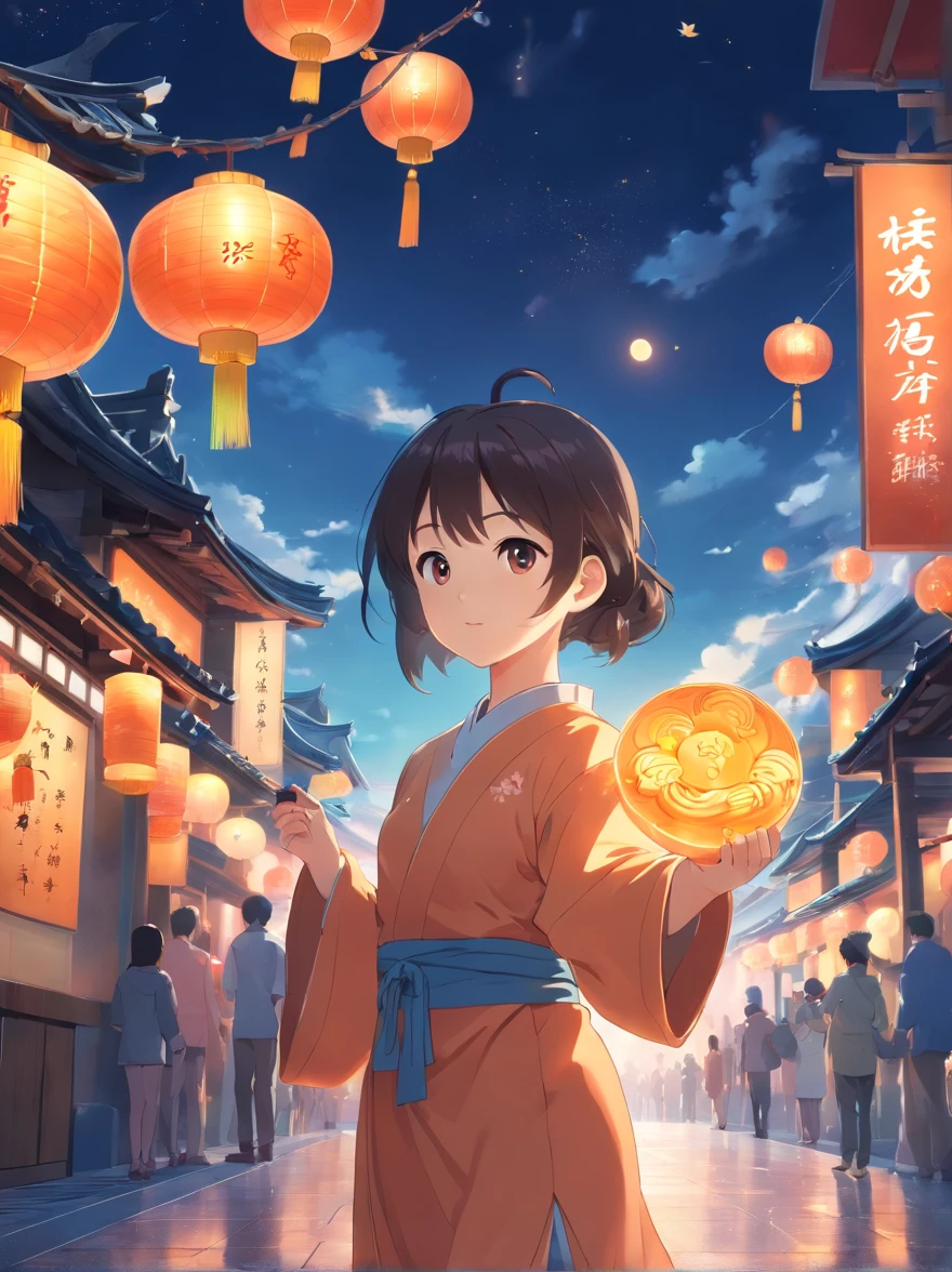 Mid-Autumn Festival,  s，Mooncakes in your hands，Wear ancient costumes, Rabbit playing around girl, Auspicious clouds, Behind the huge moon, Warm colors, Abstract imagery, ultra-realistic realism, Pixar style, 3d effect, Disney style, Clear edge light, rim-light, fantasy, spotlight, 8K