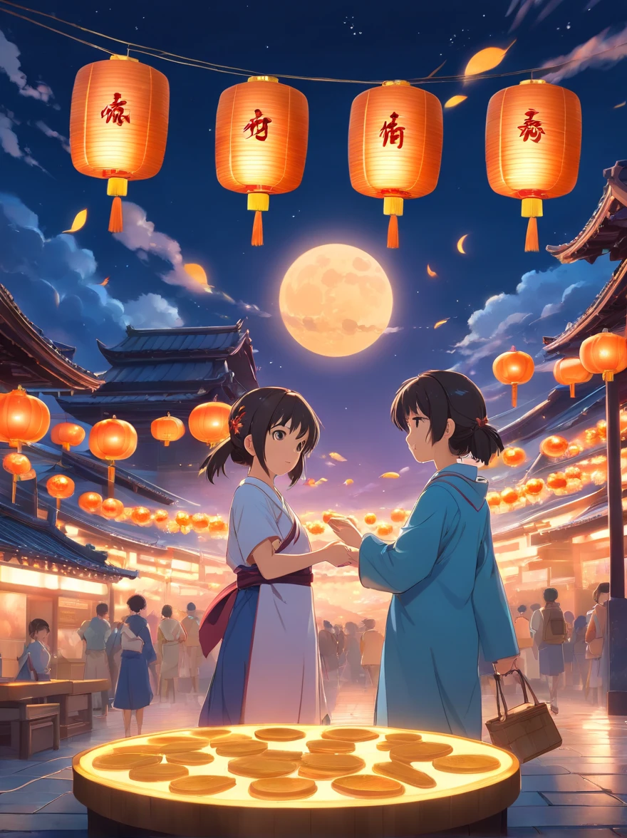 Mid-Autumn Festival, Cute little girl s,Mooncakes in your hands,Wear ancient costumes, Rabbit playing around girl, Auspicious clouds, Behind the huge moon, Warm colors, Abstract imagery, ultra-realistic realism, Pixar style, 3d effect, Disney style, Clear edge light, rim-light, fantasy, spotlight, 8K