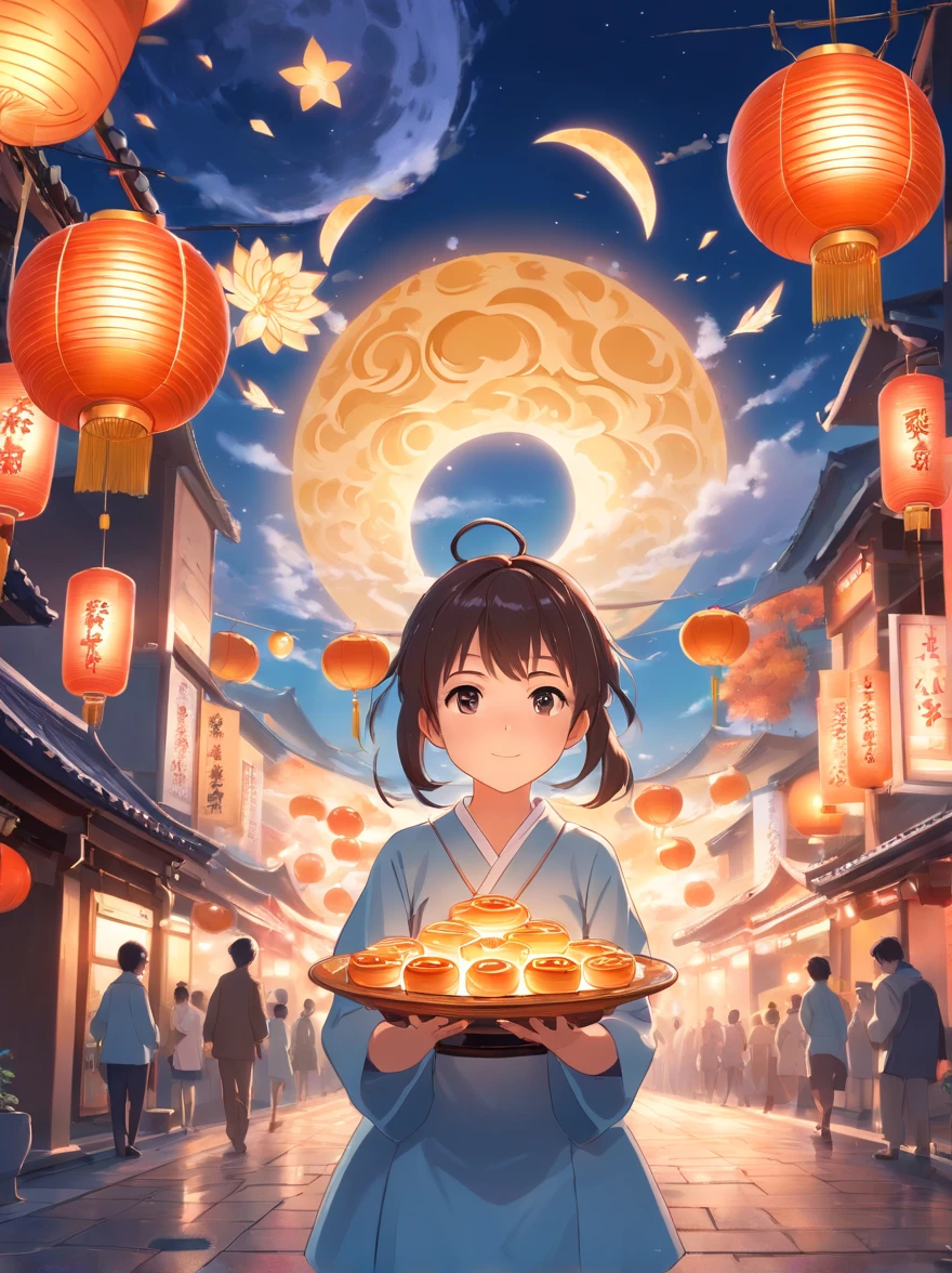 Mid-Autumn Festival, Cute little girl s,Mooncakes in your hands,Wear ancient costumes, Rabbit playing around girl, Auspicious clouds, Behind the huge moon, Warm colors, Abstract imagery, ultra-realistic realism, Pixar style, 3d effect, Disney style, Clear edge light, rim-light, fantasy, spotlight, 8K
