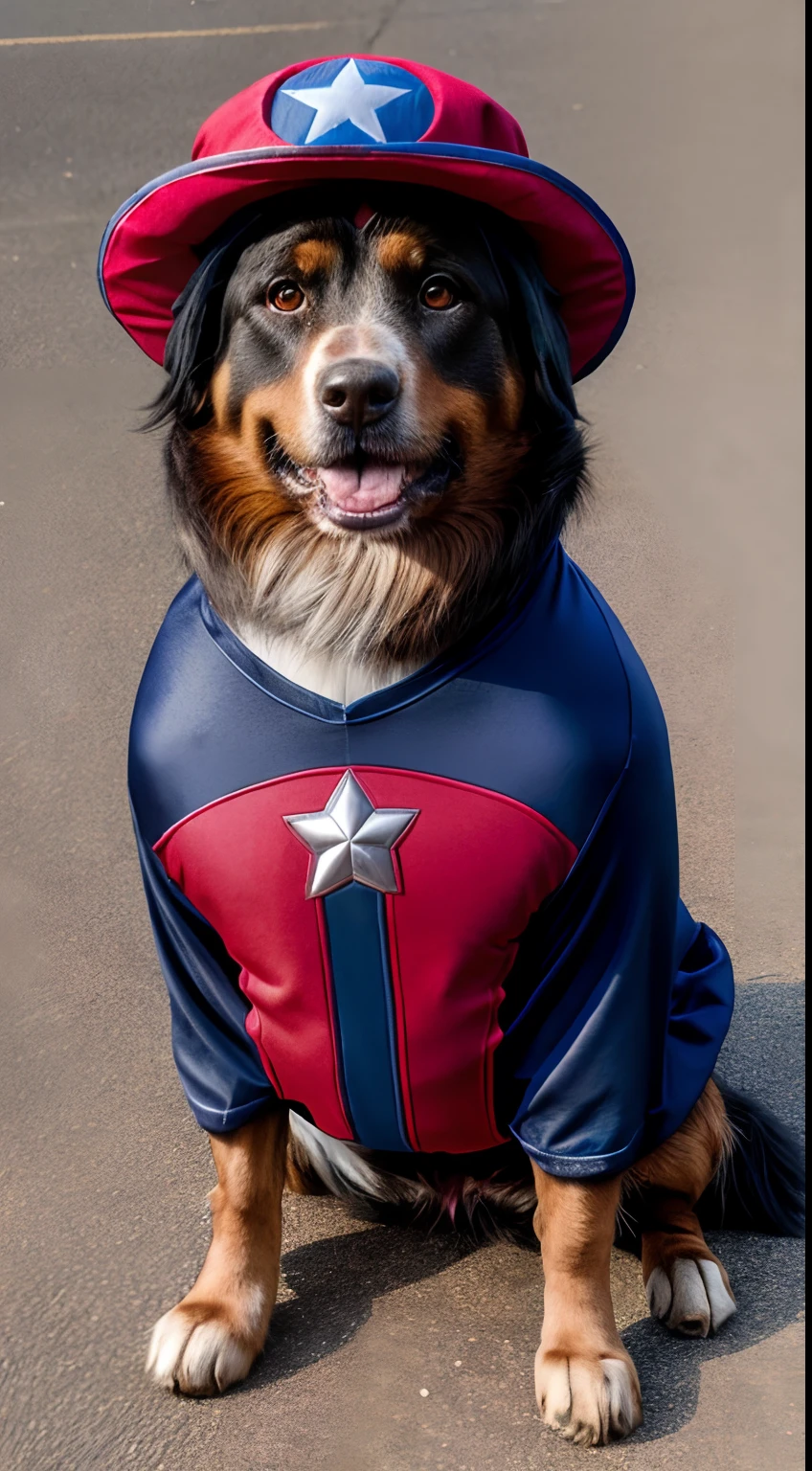 dog, realistic, hairy, clothed animal, apple, dark circles, blush, cherry, full body, hat, dog as captain america, dog wear captain america suit custom, non-human