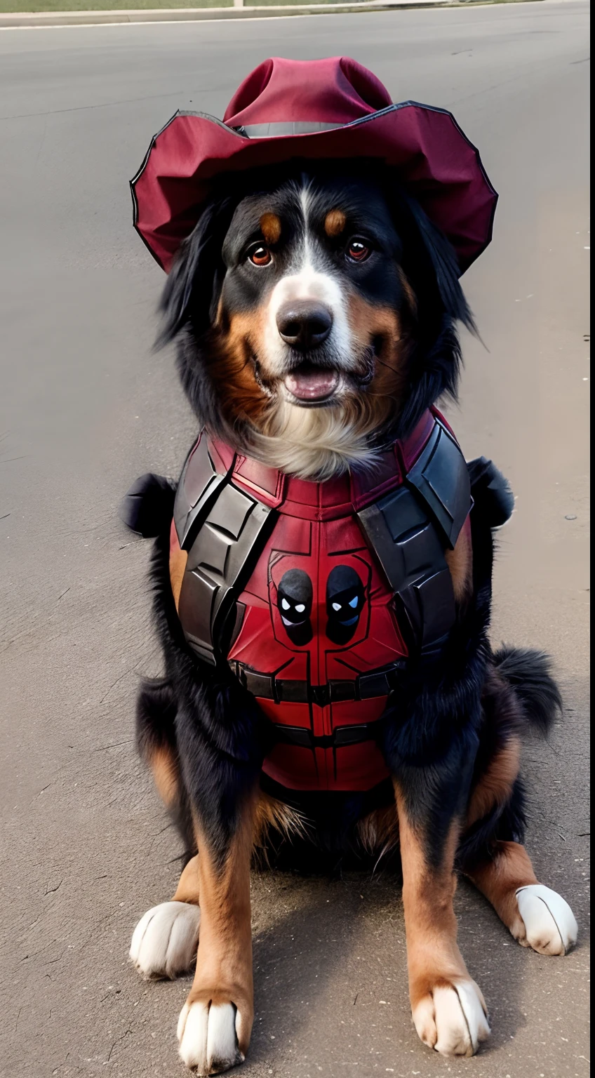 dog, realistic, hairy, clothed animal, apple, dark circles, blush, cherry, full body, hat, dog as deadpool, dog wear deadpool suit custom, non-human