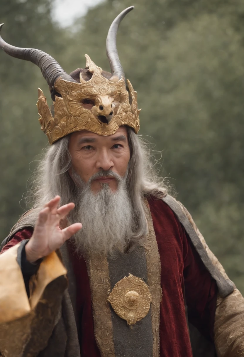 A gorgeously dressed wizard of the ancient Shu Kingdom is dancing and worshiping,A horned hat is worn on his head,There is a golden mask on the face,Hold a tambourine in your left hand,Holding a staff in his right hand,Sense of ritual,Ancient rituals,Gorgeous atmosphere and costumes
