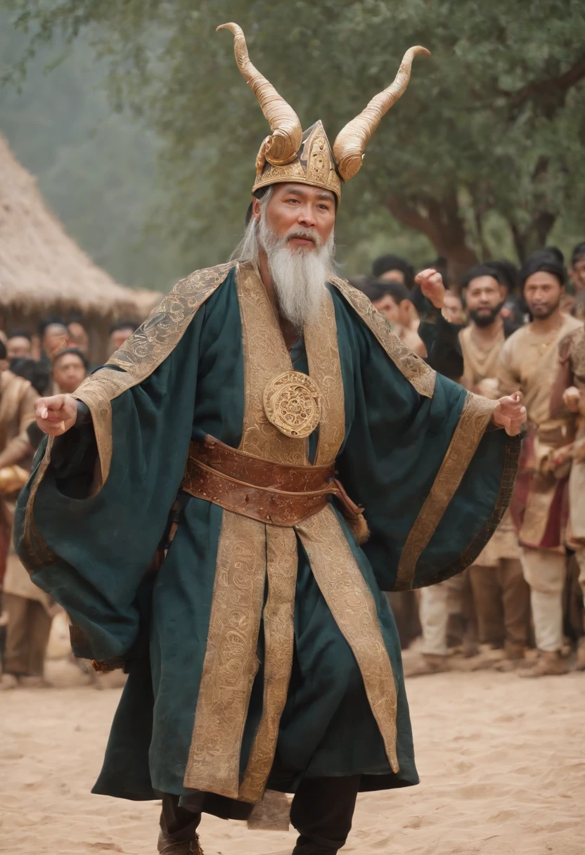 A gorgeously dressed wizard of the ancient Shu Kingdom is dancing and worshiping,A horned hat is worn on his head,There is a golden mask on the face,Hold a tambourine in your left hand,Holding a staff in his right hand,Sense of ritual,Ancient rituals,Gorgeous atmosphere and costumes