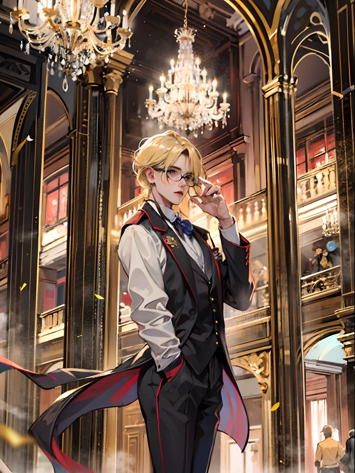 1boy,11 only、(Man's :2),(bobhair:1.5)、a blond、Naked tuxedo、Inside a luxurious Western-style building、Luxurious chandeliers、Vibrant lighting、hightquality、masutepiece,8K,hight resolution、