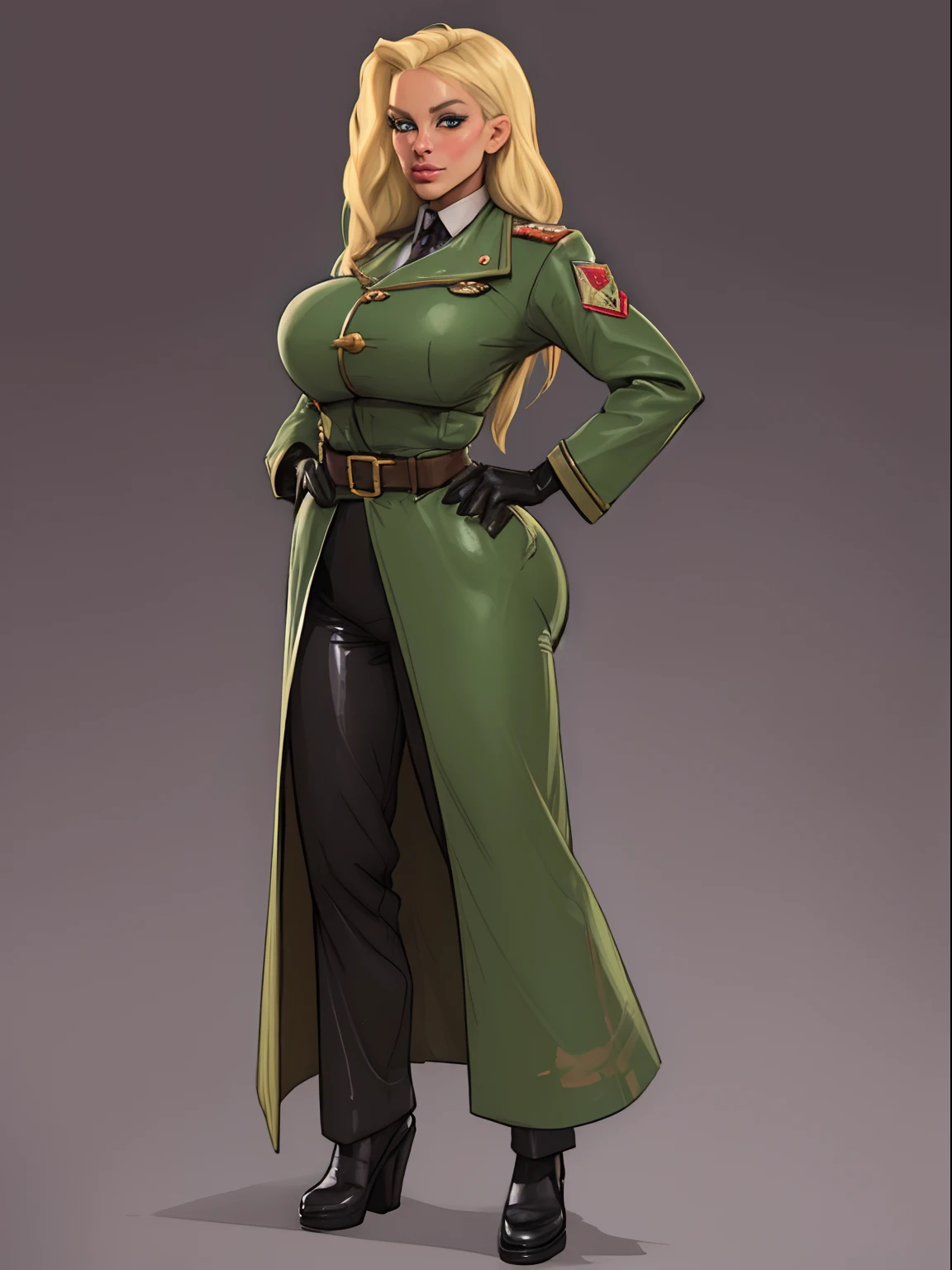  young adult girl, Tall stature, little chest, closed mouth, Slavic appearance: Green eyes; blond hair; sharp facial features; dimple on the chin; Straight nose; high nose; pronounced high cheekbones; high forehead, stands upright, (gigantic breasts:1.4), detailed face, military uniform:  double-breasted overcoat; pants, Full-length painting, leather gloves