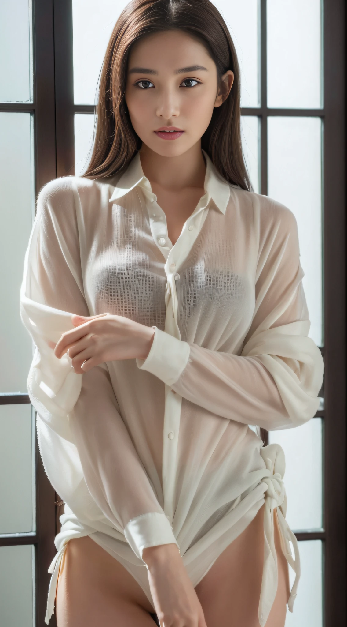 ((Best quality, 8K, Masterpiece :1.3)), Sharp focus :1.2, Pretty Women with Perfect Figure :1.4, Slender abs :1.2, Large booth:1.2, Layered hair:1.2. ((Tie shirt.longer sleeves. Naked )), Kiss. hug. Bite your lip. very funny. In front of the window. Rooms • Highly detailed facial and skin textures, Detailed eyes, 二重まぶた. full bodyesbian_mix4, 20 days,Realistis,photo-realistic:1.37