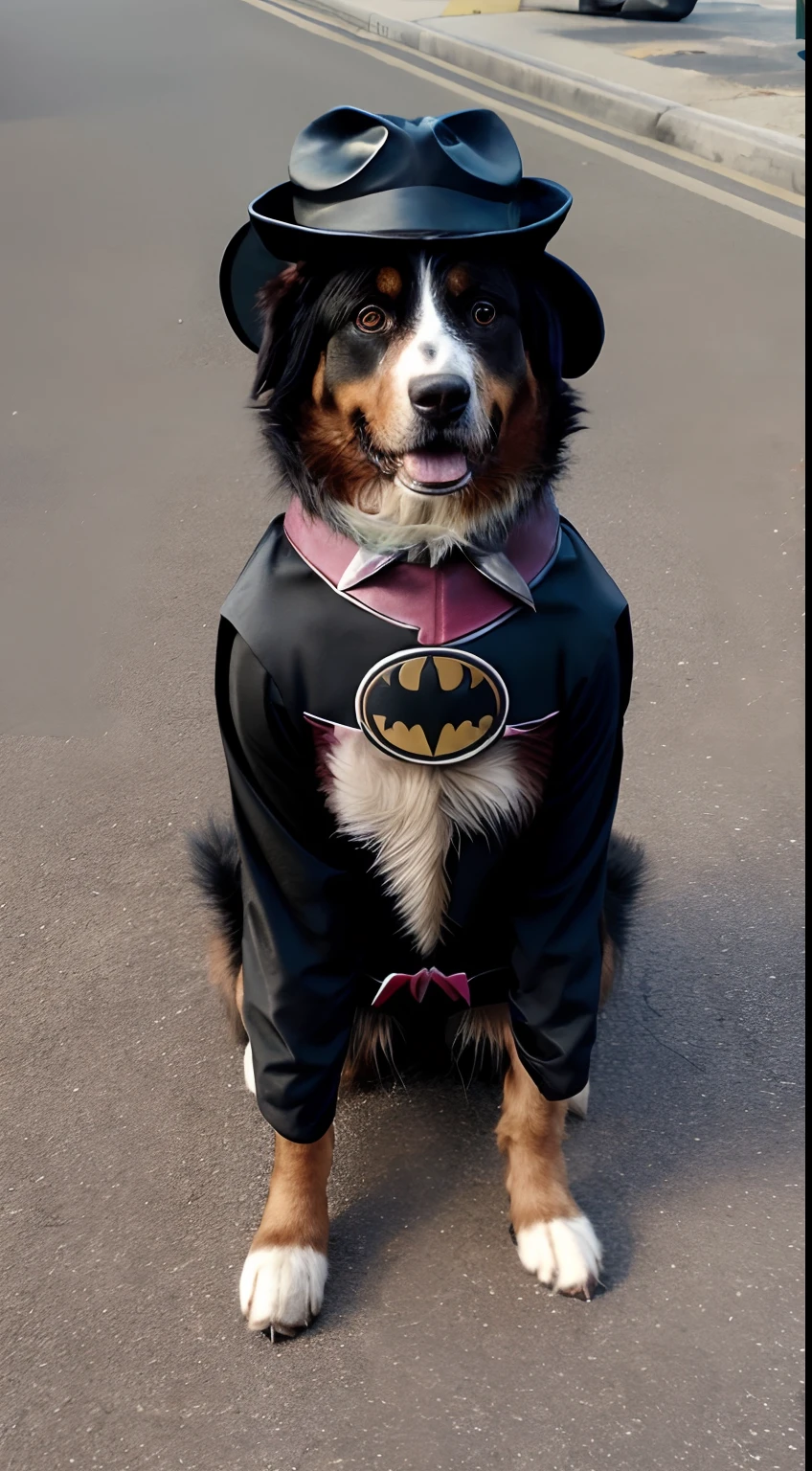 dog, realistic, hairy, clothed animal, apple, dark circles, blush, cherry, full body, hat, dog as batman arkham knight, dog wear batman arkham knight suit custom, non-human