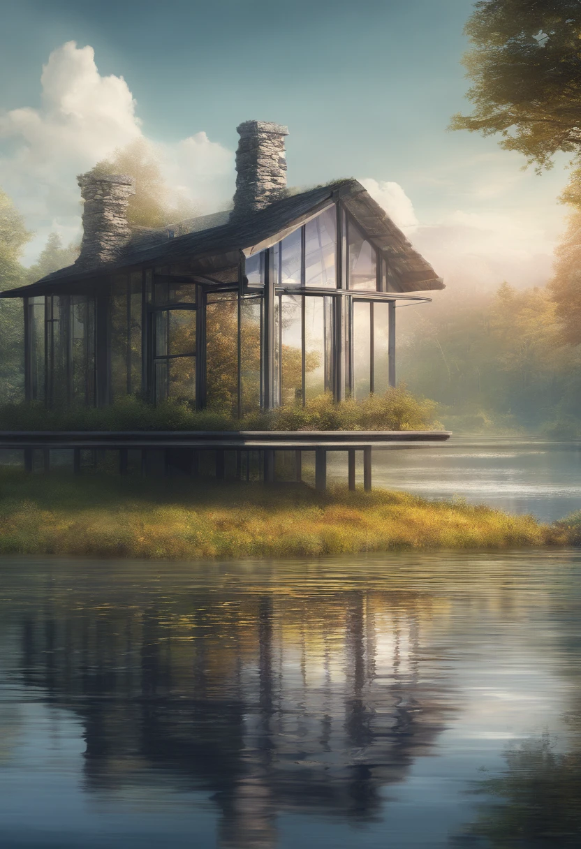 Square glass house on the lake