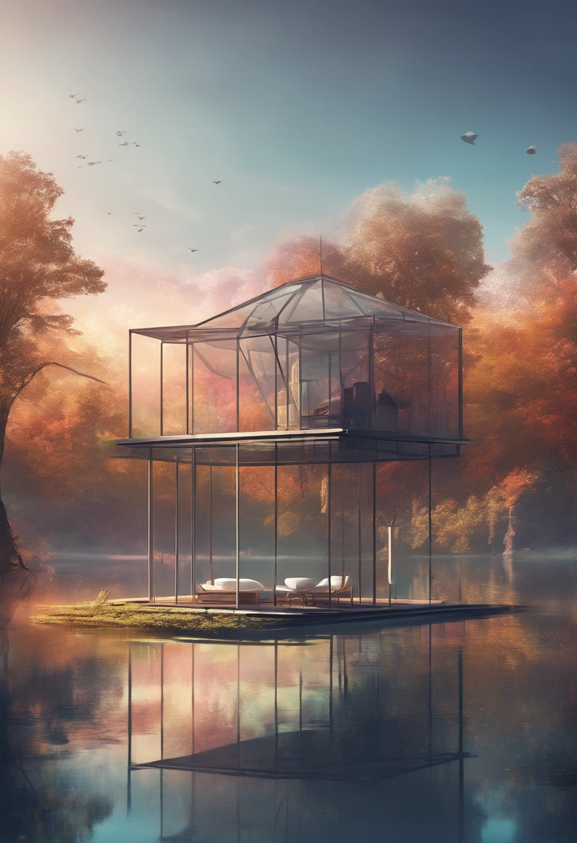 Square glass house on the lake