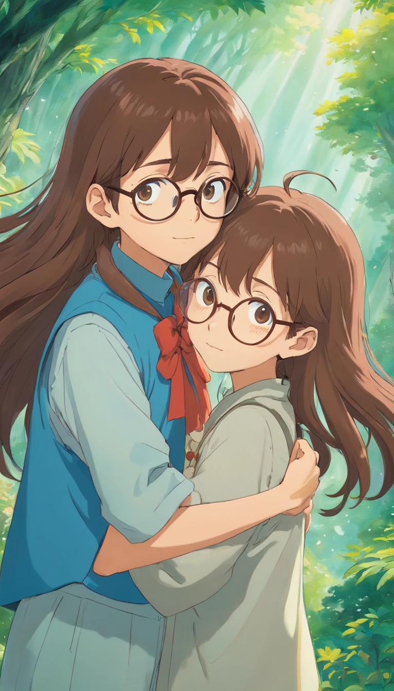 Two identical twin,one with glasses,long brown hair.