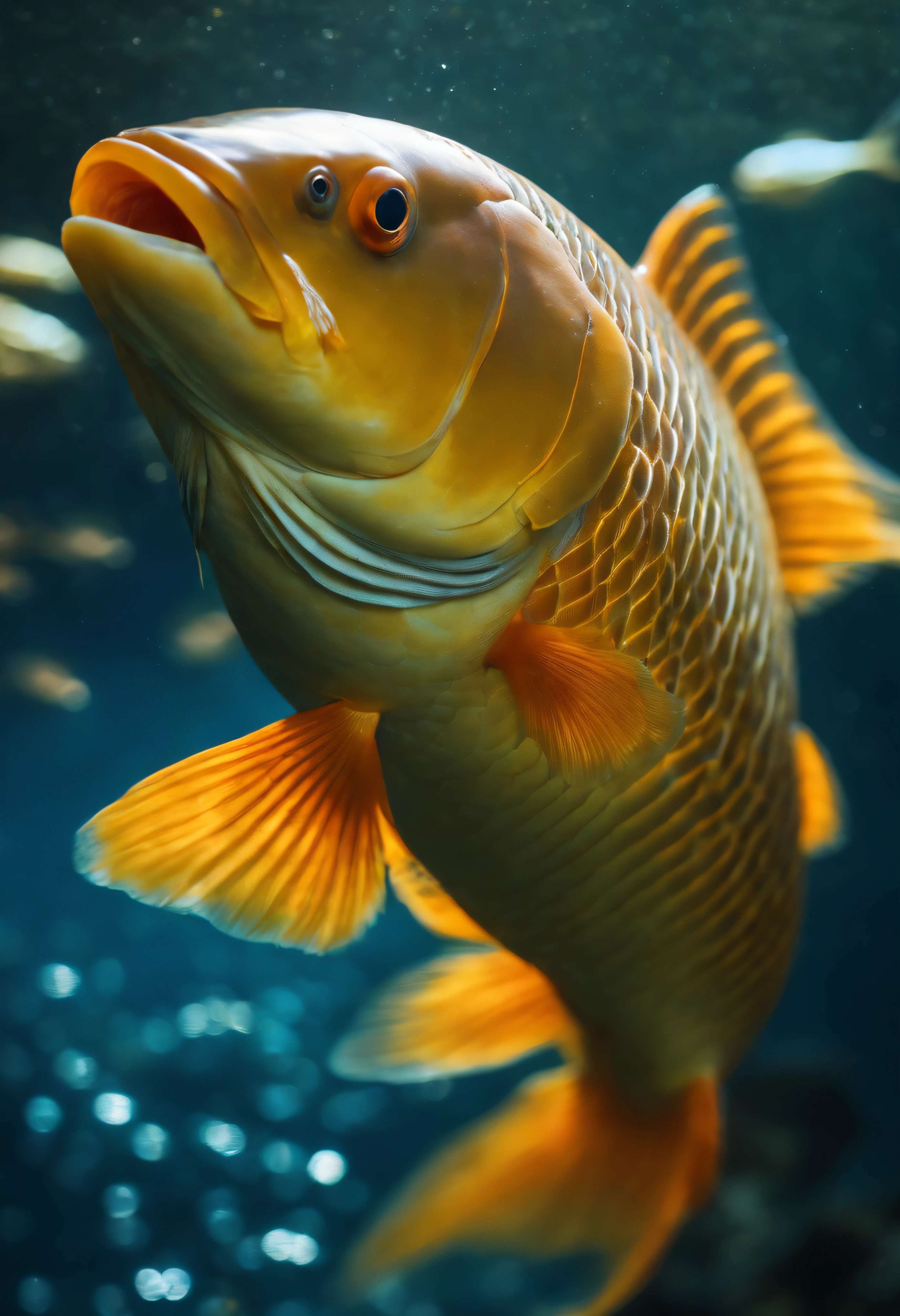 Carp have sparkling orange-yellow scales, fish tails and long fins shimmering like the Milky Way. The fish is swimming in the clear blue water