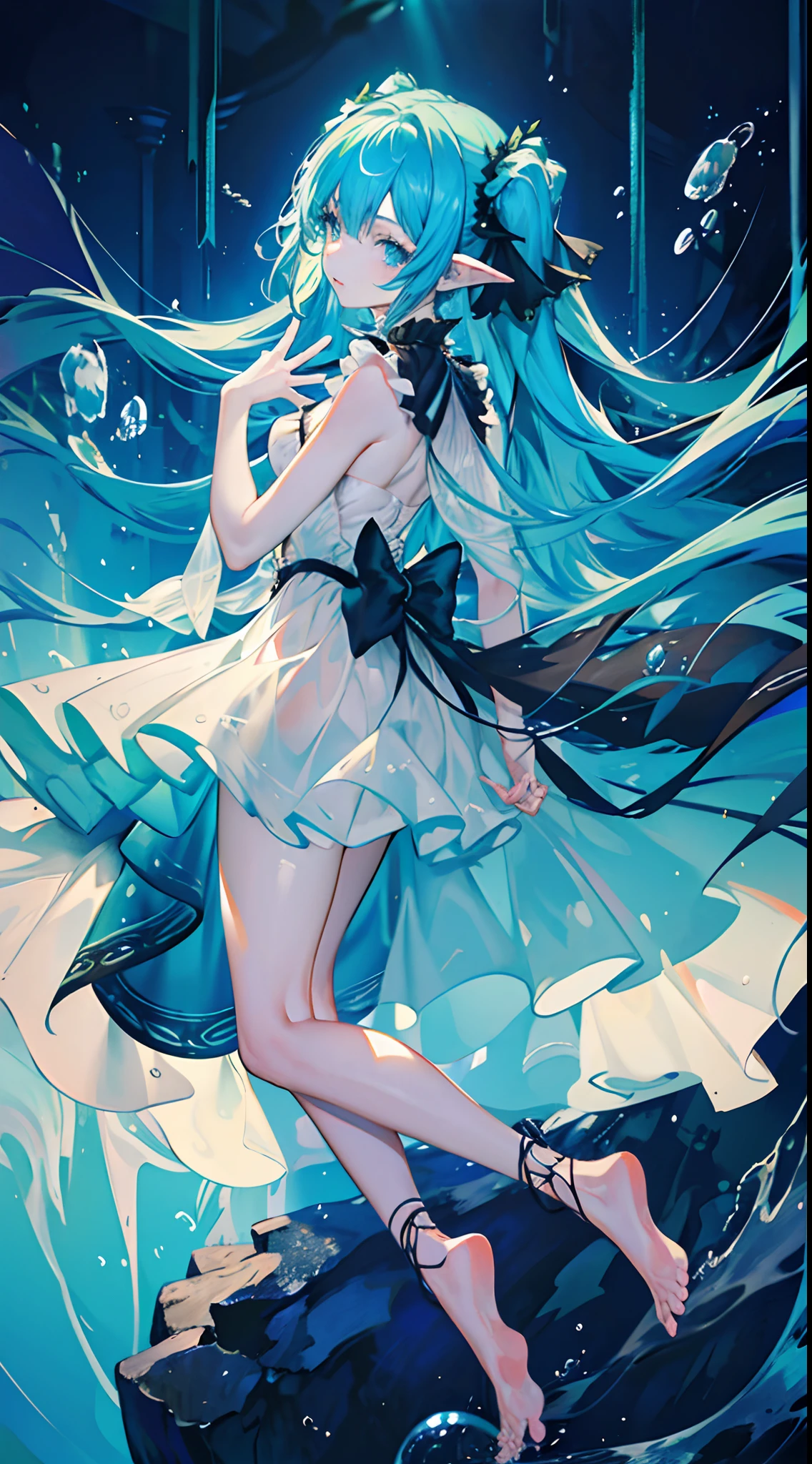 Masterpiece, best quality, high quality, 1girl, (((deep sea))), floating hair, (((underwater))), bubble, fish, jellyfish, beam of light, mystical, fantastical, floating, black short dress, sleeveless dress, blue green hair, super long hair, twin tails, blue green eyes, (((full body))), face focus, yearning, lonely, barefoot, Volumetric Lighting, Best Shadows, Shallow Depth of Field, Portrait Of Stunningly Beautiful Girl, Delicate Beautiful Attractive Face With Alluring Eyes, fine detailed eyes, highly detailed fine art, (finely detailed beautiful eyes and detailed face), delicate depiction of facial features, (Highest Quality, Amazing Details:1.25), (Solo:1.3), Brilliant Colorful Paintings, (Aesthetic), (Beautiful), (professional angle), (Feminine), (Woman), (Female), (Beautiful), (Feminine features), (-ye Solo, 1 woman, Dramatic light, Beautiful hands, Two hands, normal hands, Two arms, complete hands, Beautiful body, Beautiful fingers, normal fingers, Five Fingers, (Thumb index finger ring finger), Beautiful ears, normal ears, Beautiful eyes, shiny eyes, Beautiful mouth, Beautiful lips