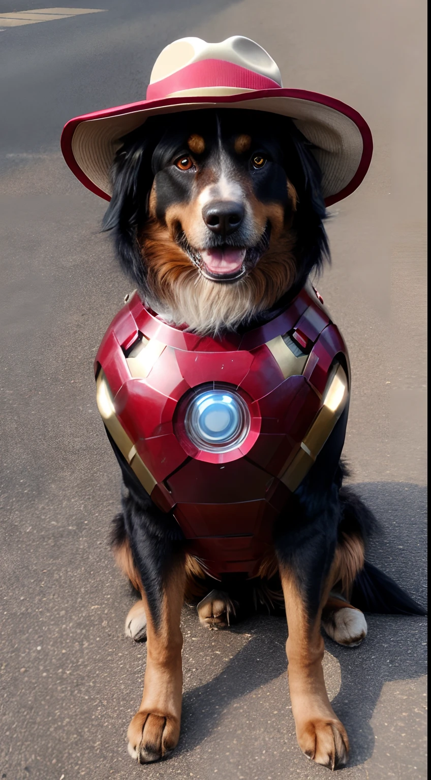 dog, realistic, hairy, clothed animal, apple, dark circles, blush, cherry, full body, hat, dog as tony stark ironman, dog wear tony stark ironman suit custom, non-human