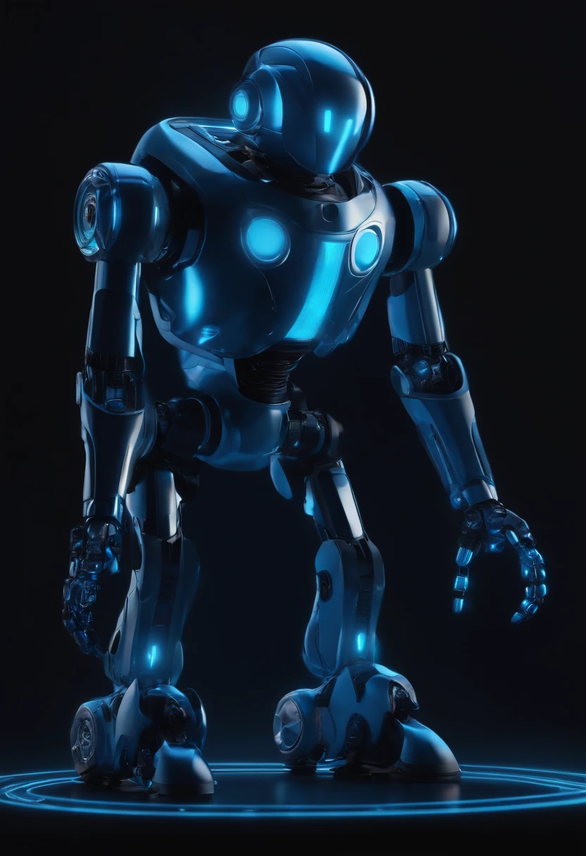 Create a surreal blue mini robot, Holding and the protoplanet, Neon effect and very realistic dark background