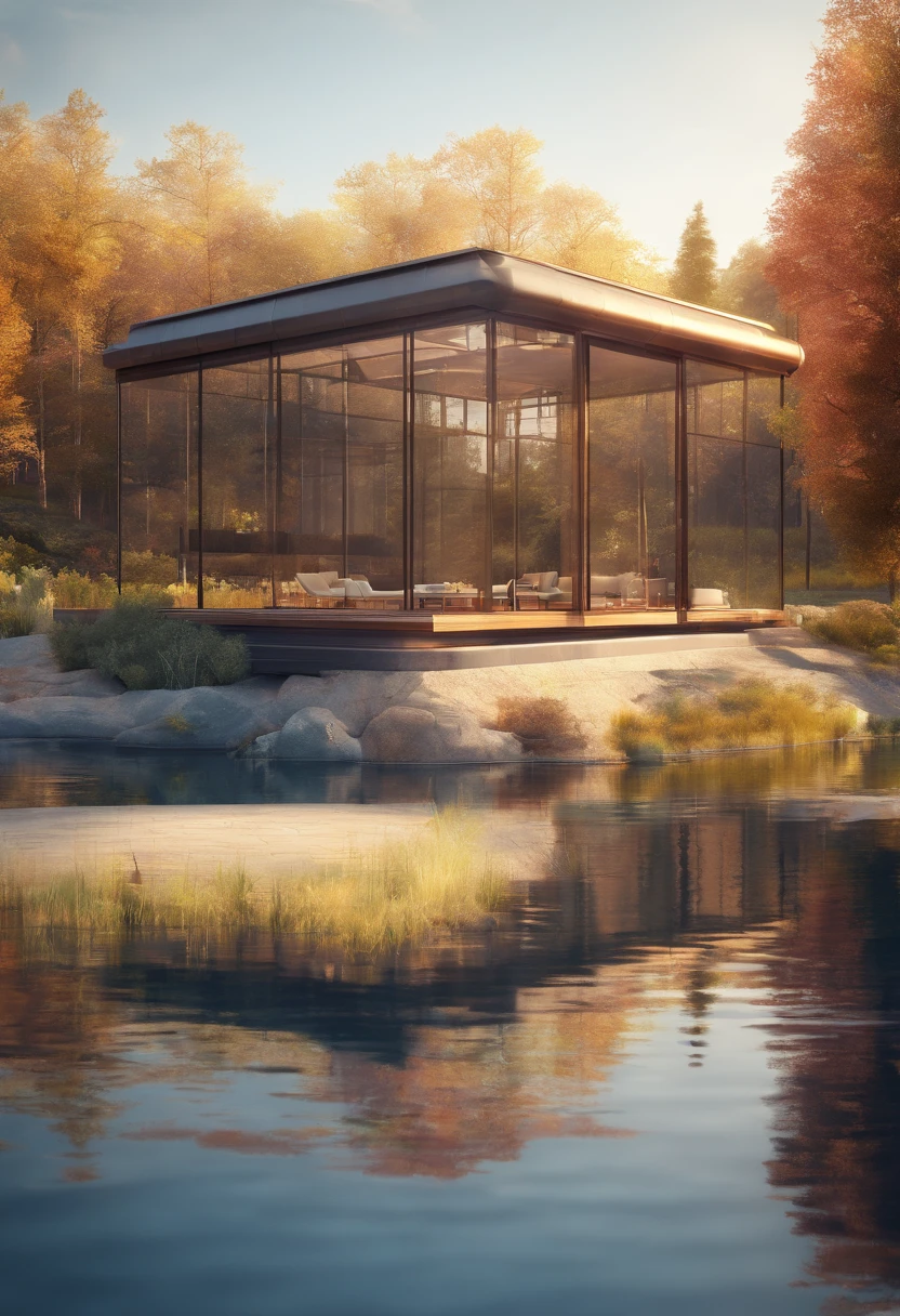 Square glass house on the lake