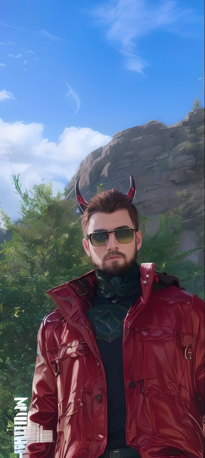 ((1men)), ((short hair)), (( Gorgeous face),(( Celtic Mysterious Forest)), ((red horn)), ((black glasses)), ((realistic)), ((brown hair)), ((red jacket)), ((extremely detailed futuristic)),