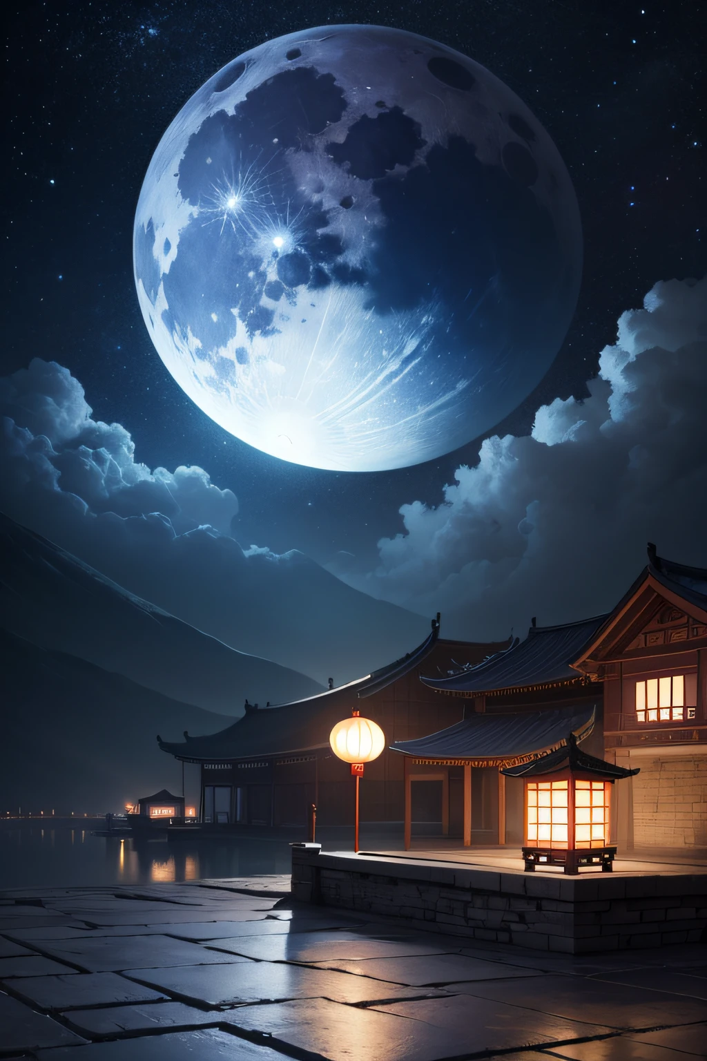 Chinese Mid-Autumn Festival,Night sky,large moon,There is a large area of blue-brick stone floor nearby,Side composition