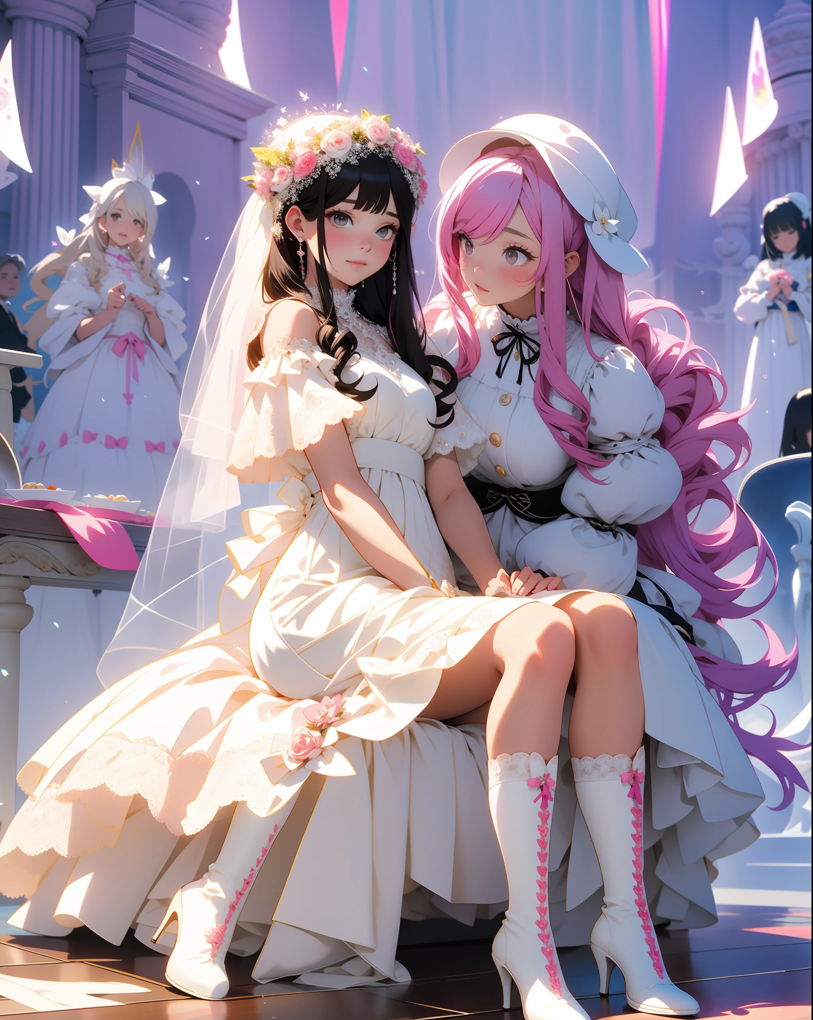 araffe bride in white dress and white boots sitting on a bed, fairycore, belle delphine, by Ayami Kojima, wedding dress, nico wearing a white dress, angelic pretty, chiho, very magical and dreamy, ethereal!!!!!!!, guweiz, 🤬 🤮 💕 🎀, sakimichan, ❤🔥🍄🌪
