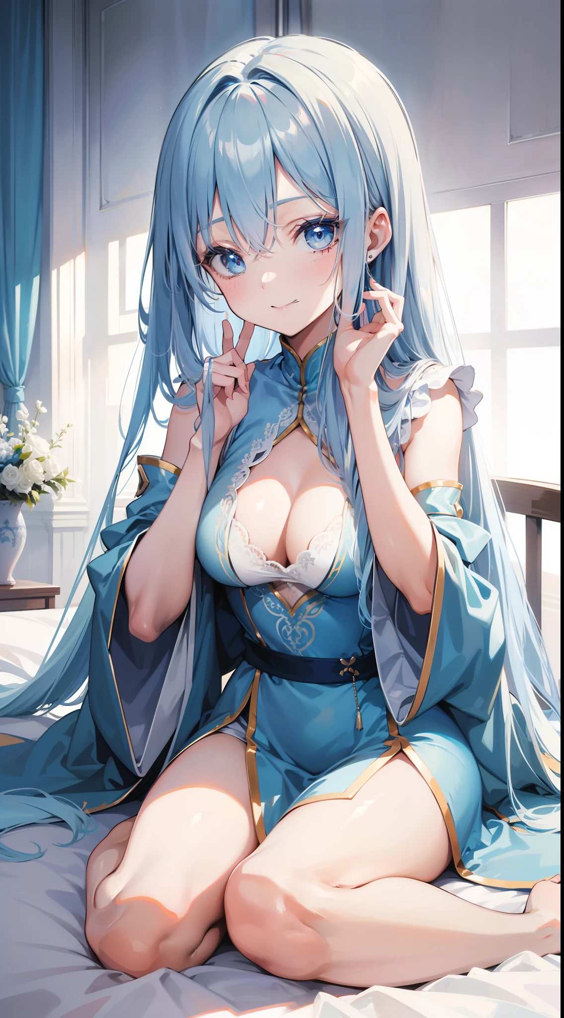 Adult woman, Long light blue hair, blue eyes, Scars, Blue tight robe, Platinum Items, liying on bed, Smile, Masterpiece, hiquality, high detail, HD, 4k