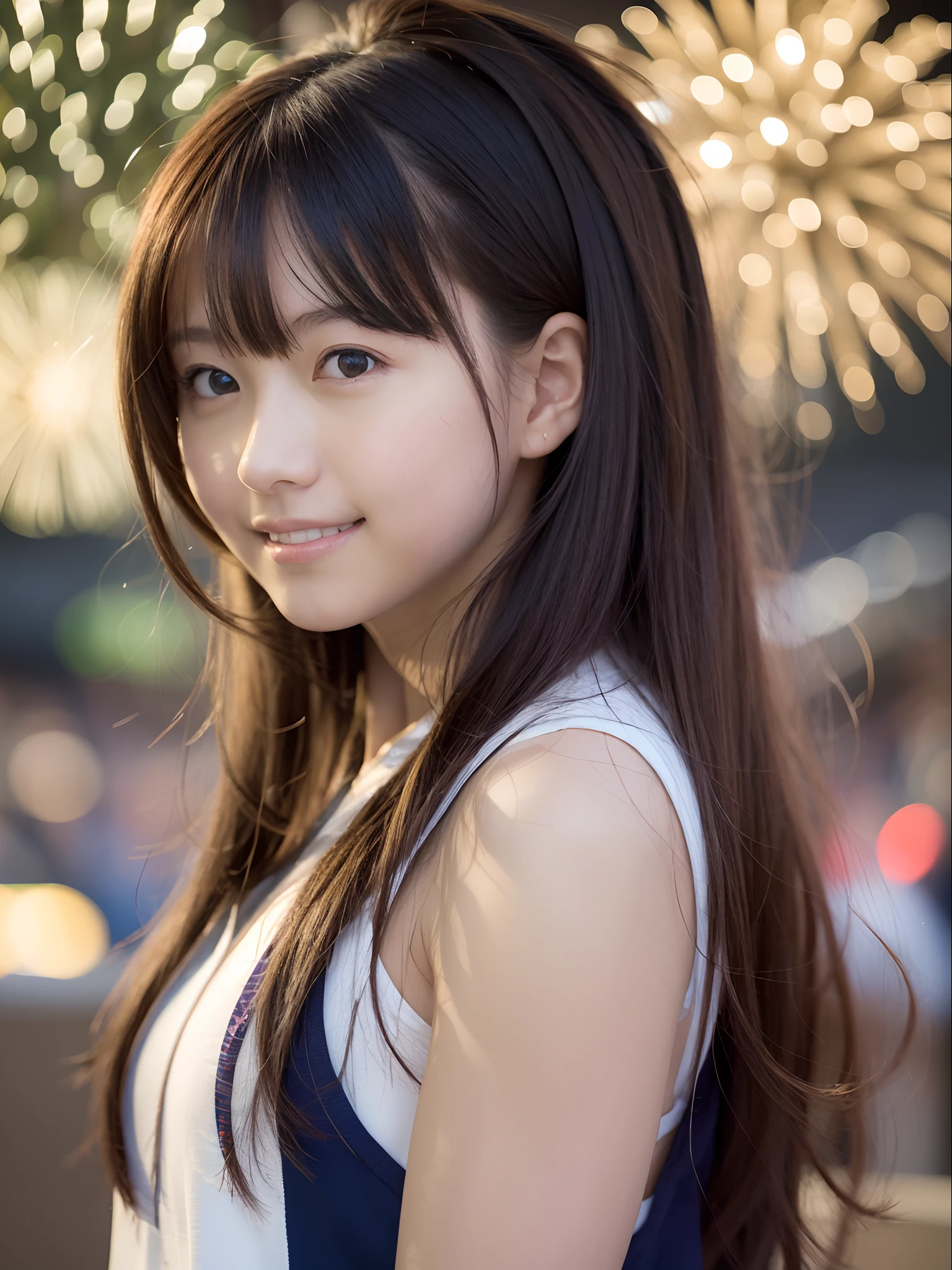 Wide shot of beautiful 18-year-old woman in sailor suit in mysterious fireworks display background: 1.5, Unity 8k Wallpapers: 1.3, highly accurate: 1.1。As a stylish snapshot、18-year-old beauty smiling、Beauty 18 years old: 1.3、wide Shots: 1.2、a miniskirt、Fireworks Display: 1.1。 A smile realisitic、Live action、starrysky