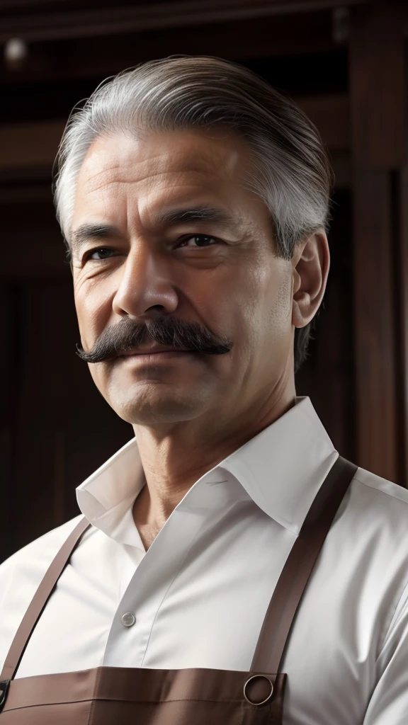 (the Extremely Detailed CG Unity 8K Wallpapers,masutepiece, Best Quality, Ultra-detailed), Gray background, 73-year-old male living in Japan, Stubborn 73-year-old man, ((Looking at the camera)), white shirt, As for the hairstyle、With medium-length hair,、The flow behind is gentle。Hair does not fade、Be healthy and at the same time、Also gives an intellectual impression。Hair color is、in deep brown、Has a natural luster, There is a sense of cleanliness。His appearance is、Combines calm and intelligence、Apron, mustaches