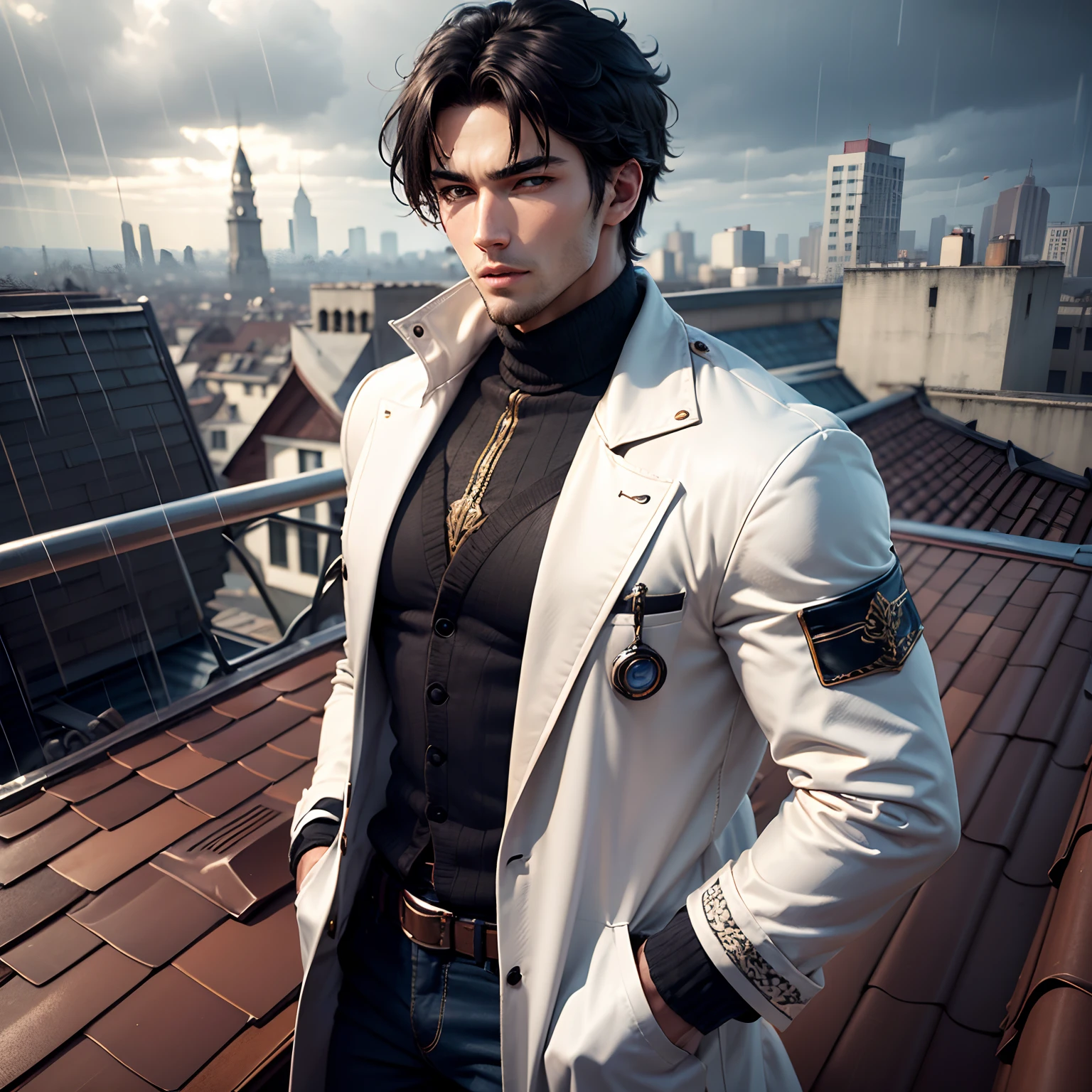 Absurd, high resolution, super detailed), 1 male, adult, handsome, tall muscular man, broad shoulders, white coat, blue eyes and delicate face, black hair, fantasy, rain,rooftop building