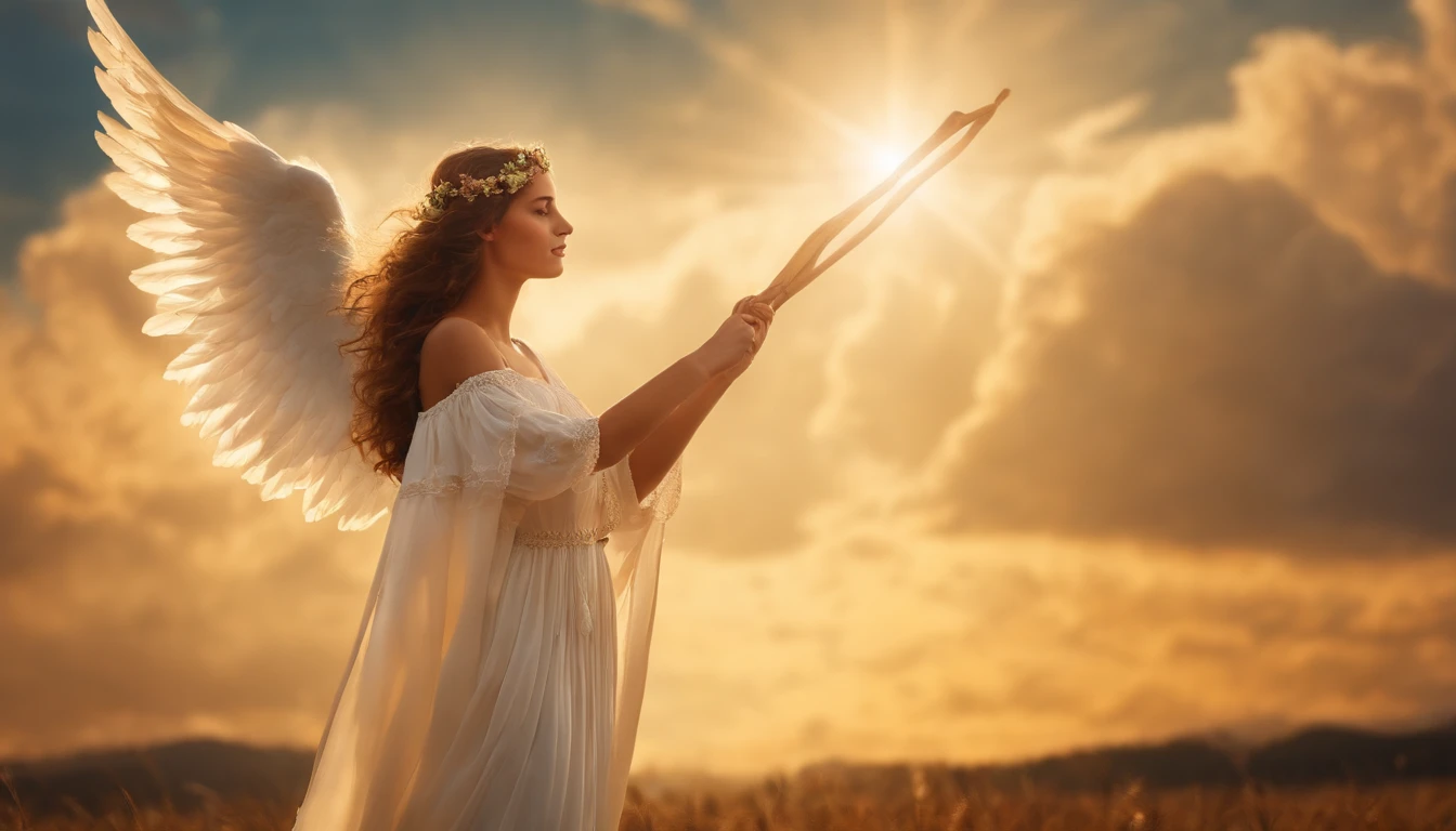 (melhor qualidade, alta resolução, obra-prima: 1.2), Ultra detailed angelic girl descending from heaven, (anjo feminino, ser celestial: asas), holding a wooden stick in one hand and an intense glow, Sky background with clouds