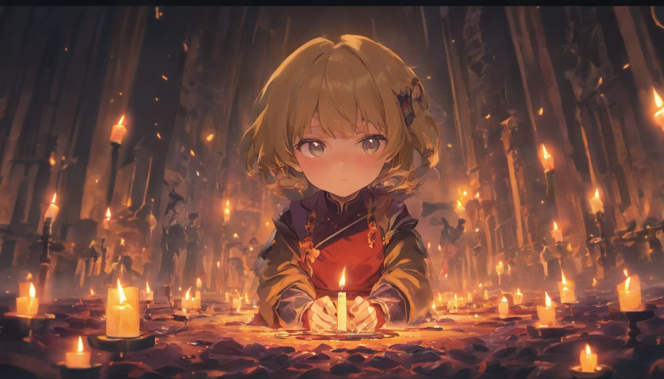 Completely dark background，Light a candle on the ground