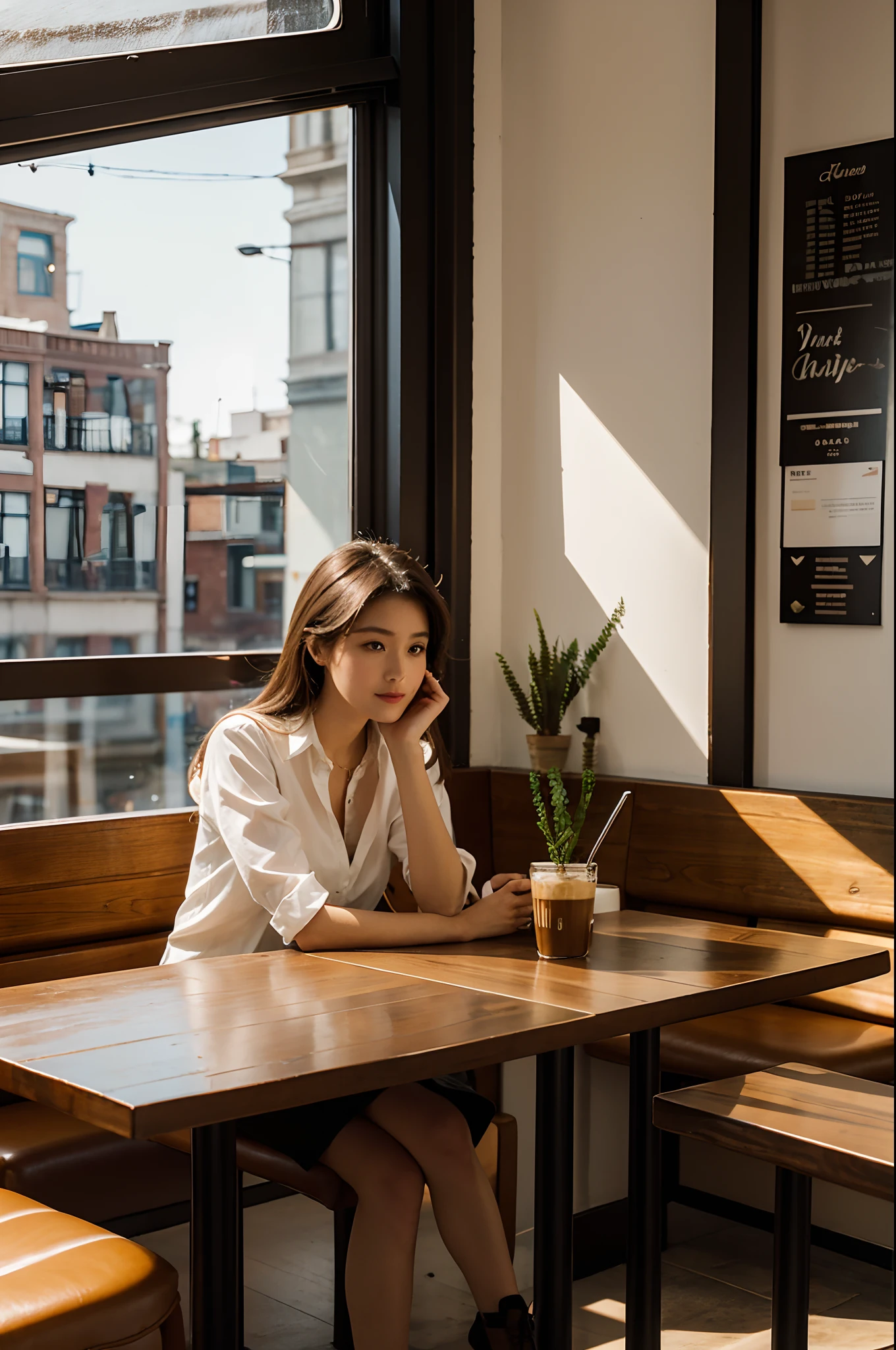 there is a woman sitting at a table in a restaurant, sitting in a cafe alone, standing in a restaurant, sitting in a cafe, sitting alone in a cafe, sitting on a mocha-colored table, sitting at table, in a coffee shop, captured on canon eos r 6, with backdrop of natural light, sitting in office, in a bright cafe