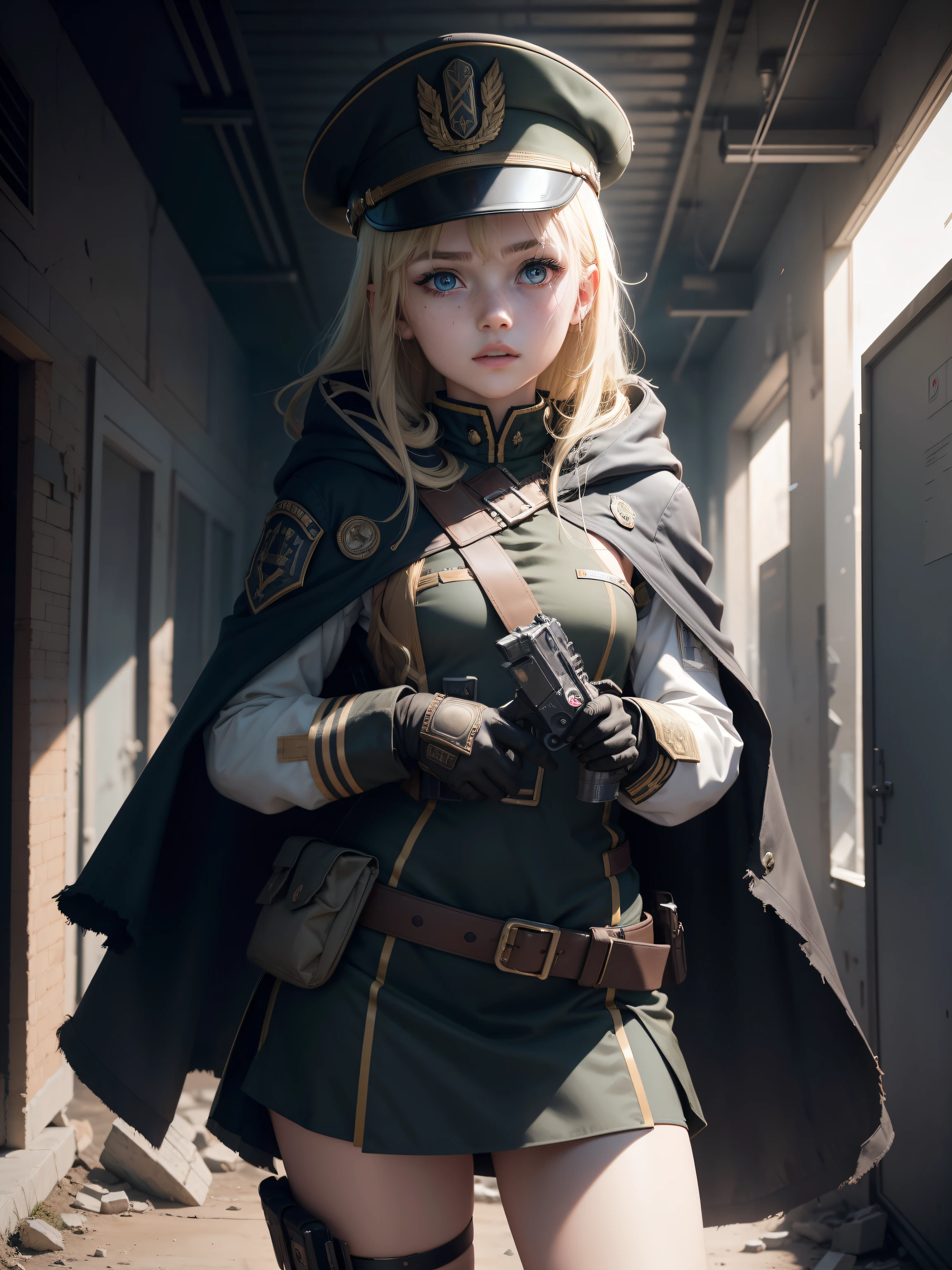 Destroyed towns,3 Ukrainian girls , Ukrainian anime girls , , Ukraine , Full body composition of young girl with messy bright blonde hair, eye make up, 13 year old, Soft lighting, Solo, Old torn dirty shabby futuristic military uniform, badges, Pose, Blotch color, Octane Render, Hyperrealistic intricate detail, Cinematic, 8K resolution, 70mm, Accent Lighting, Global Illumination, Full body portrait, clean detailed faces, intricate clothing, Cute face, flat chest, Slim waist, Slim legs, small hips,Major's uniform,Major's hat,Holding a handgun,Long jacket,Carrying a cloak,actionpose,Fancy Action,